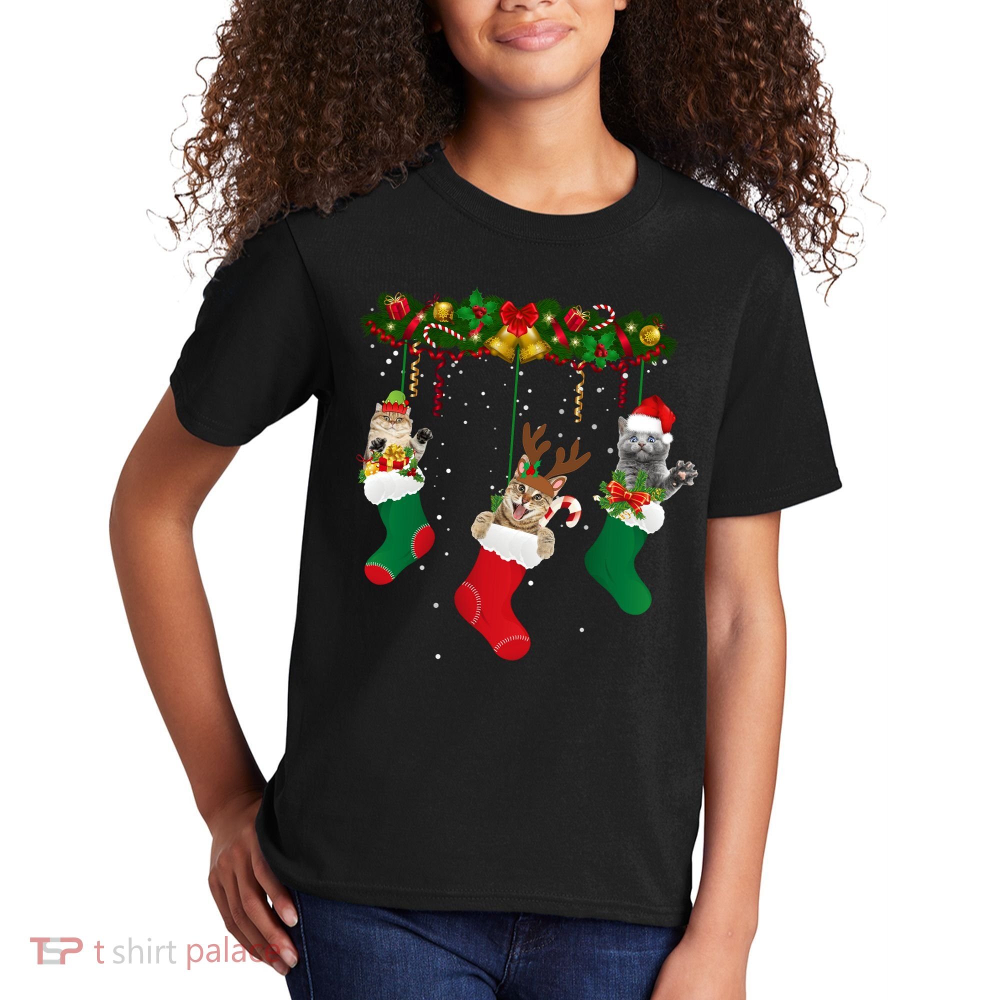 Hanging Cats Christmas Stockings Kids T-Shirt