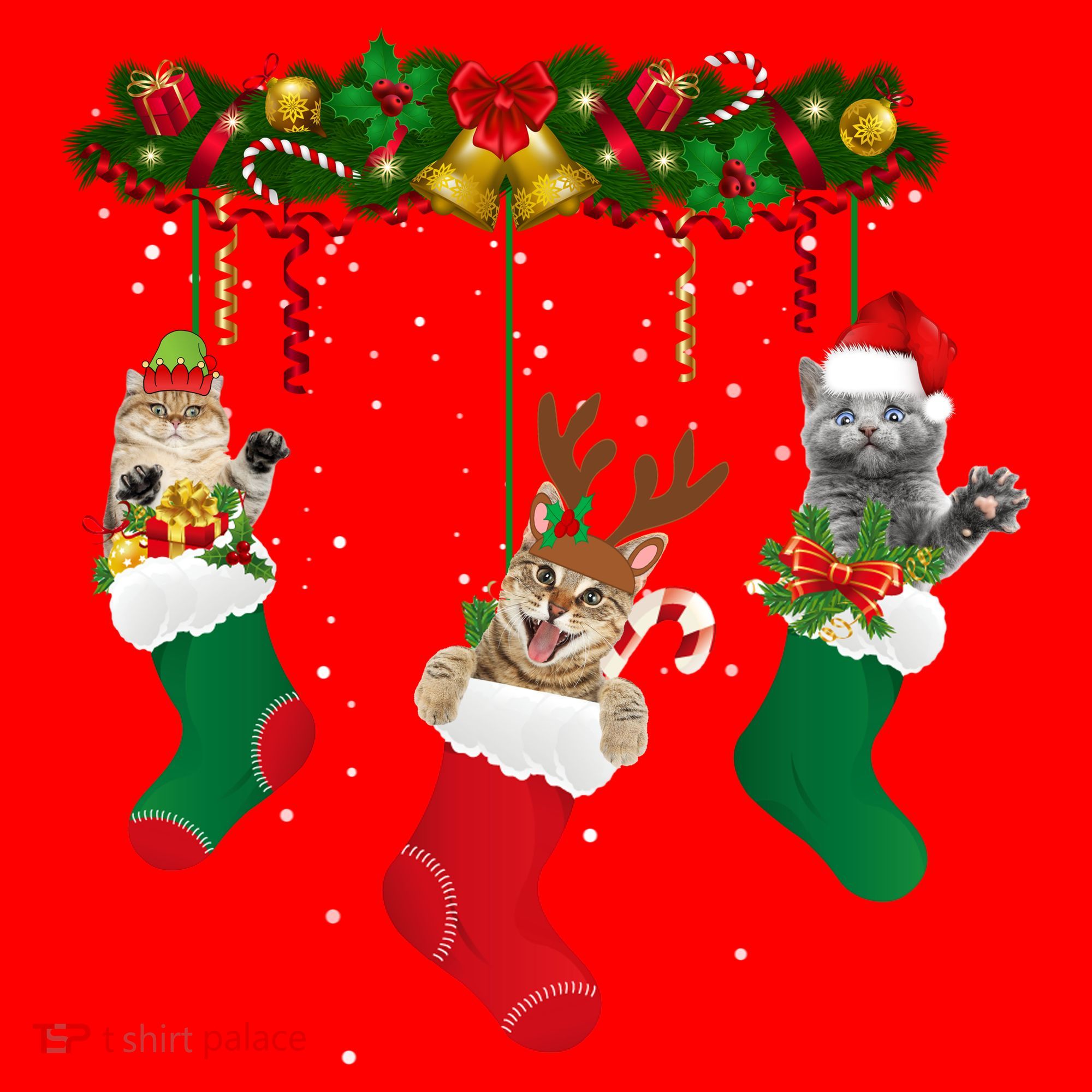 Hanging Cats Christmas Stockings Santa Hat