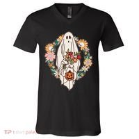 Halloween Creepy Cute Boho Flower Ghost V-Neck T-Shirt thumb 0
