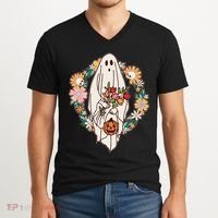 Halloween Creepy Cute Boho Flower Ghost V-Neck T-Shirt thumb 2
