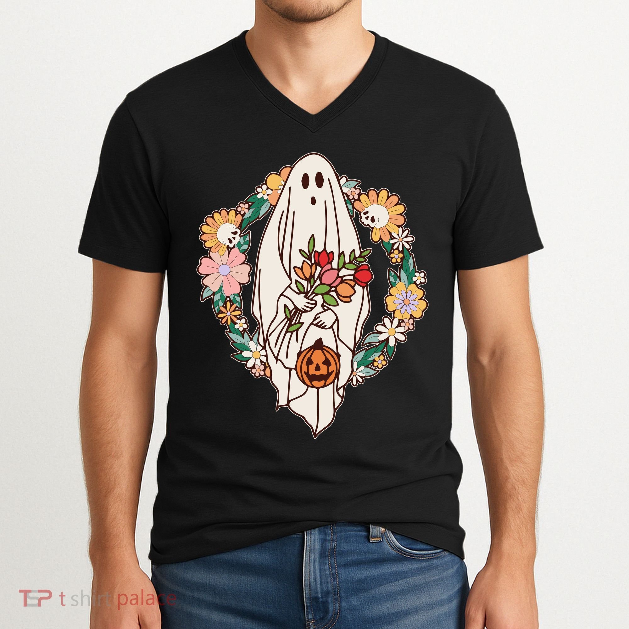 Halloween Creepy Cute Boho Flower Ghost V-Neck T-Shirt