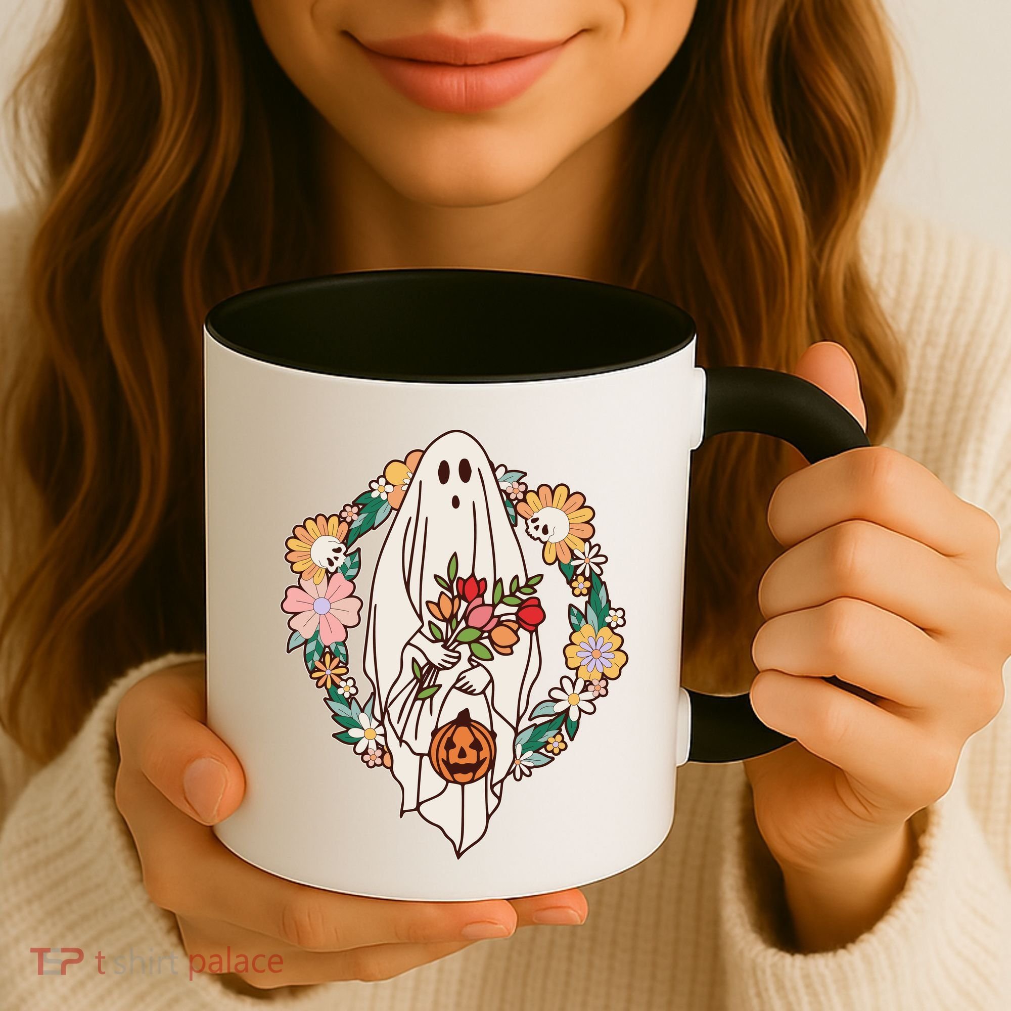 Halloween Creepy Cute Boho Flower Ghost Coffee Mug