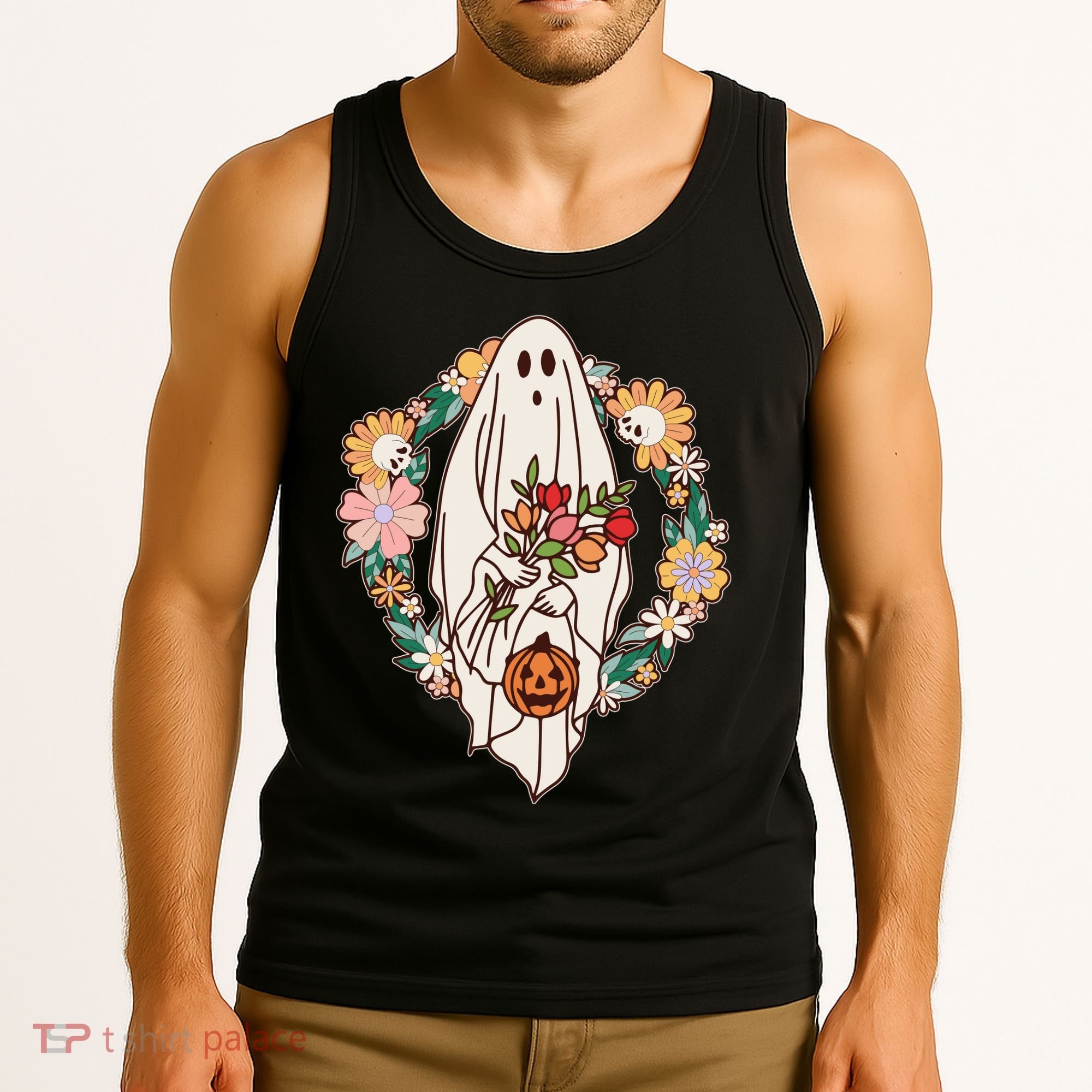 Halloween Creepy Cute Boho Flower Ghost Tank Top