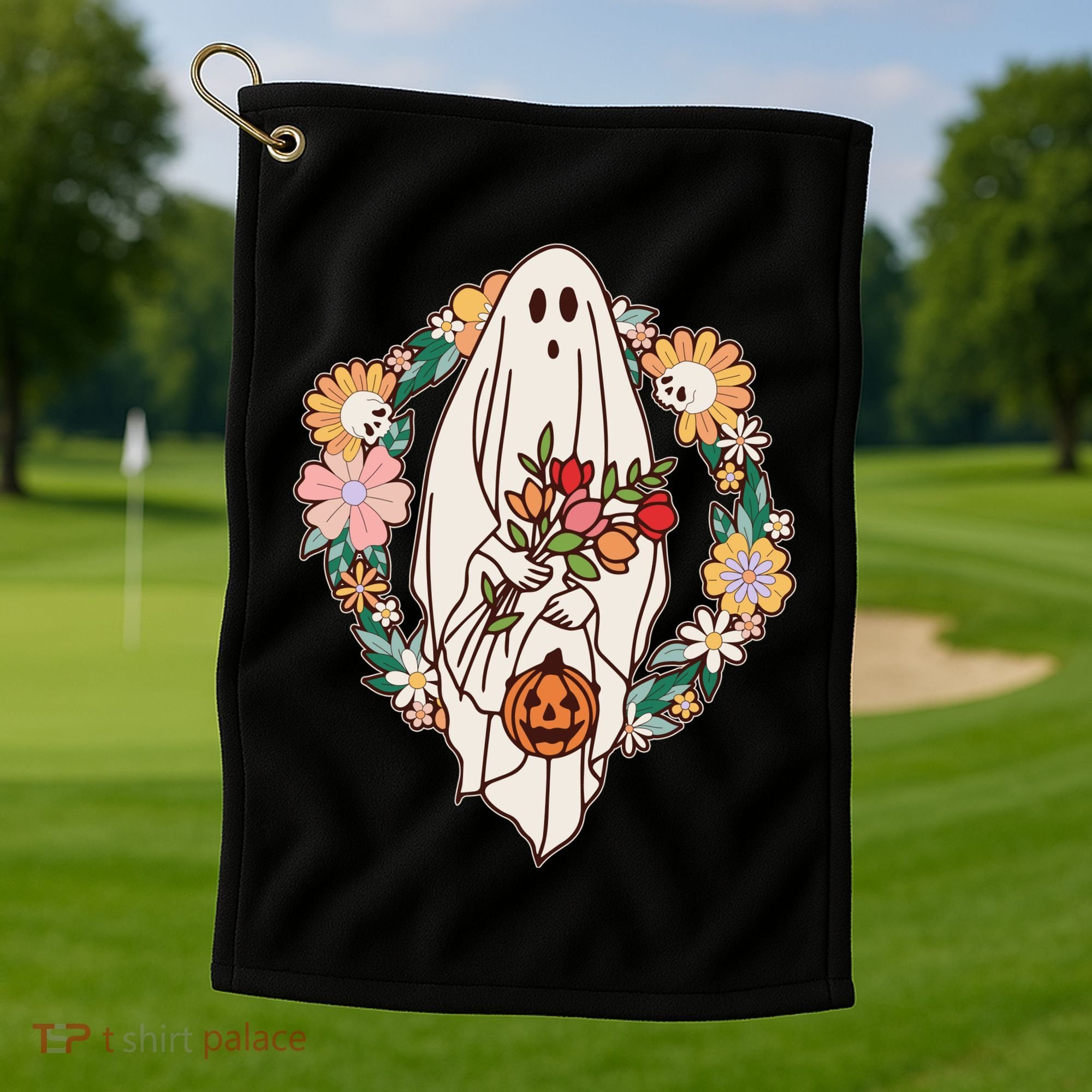 Halloween Creepy Cute Boho Flower Ghost Golf Towel