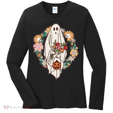 Halloween Creepy Cute Boho Flower Ghost Women's Long Sleeve Shirt