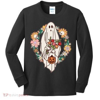 Halloween Creepy Cute Boho Flower Ghost Kids Long Sleeve Shirt