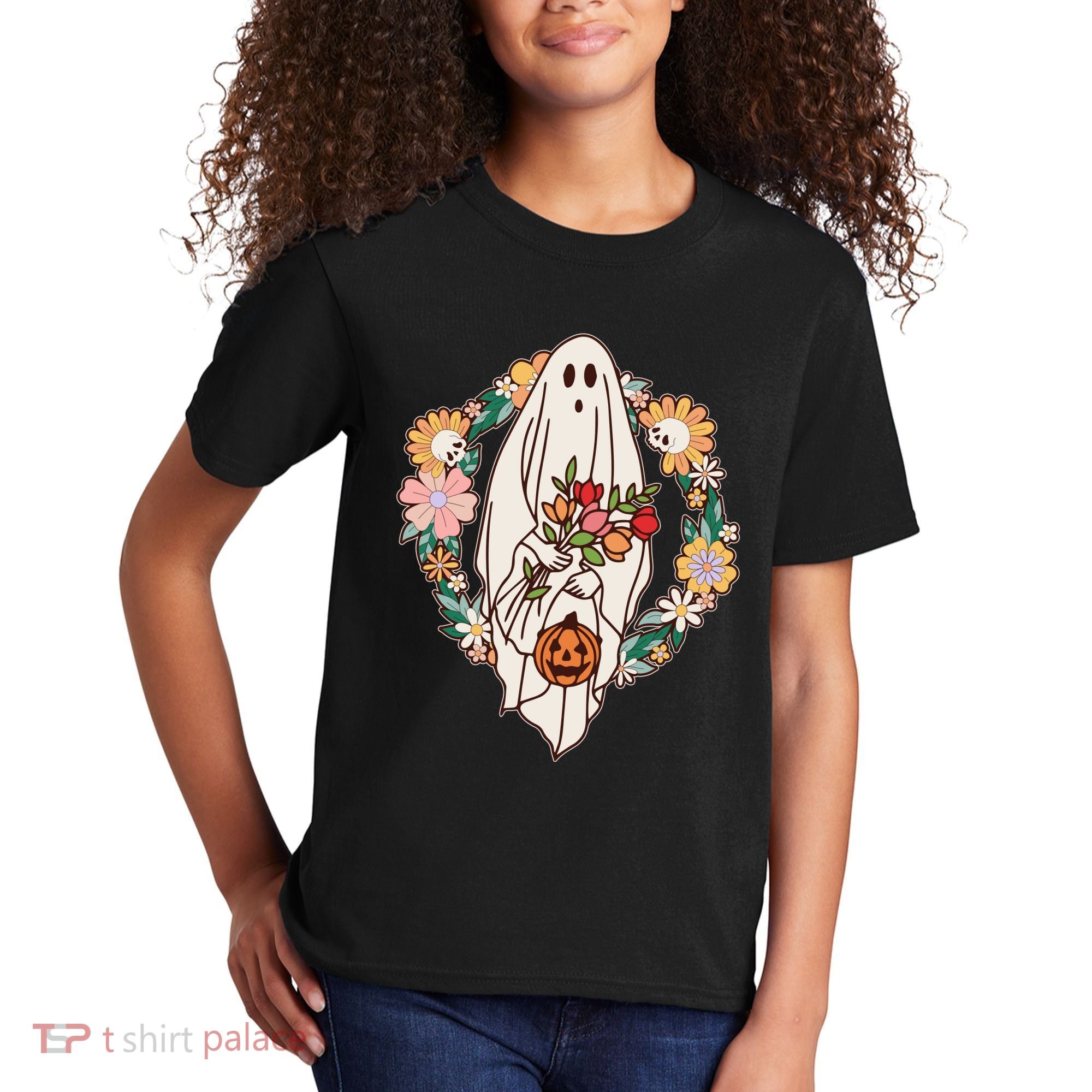 Halloween Creepy Cute Boho Flower Ghost Kids T-Shirt