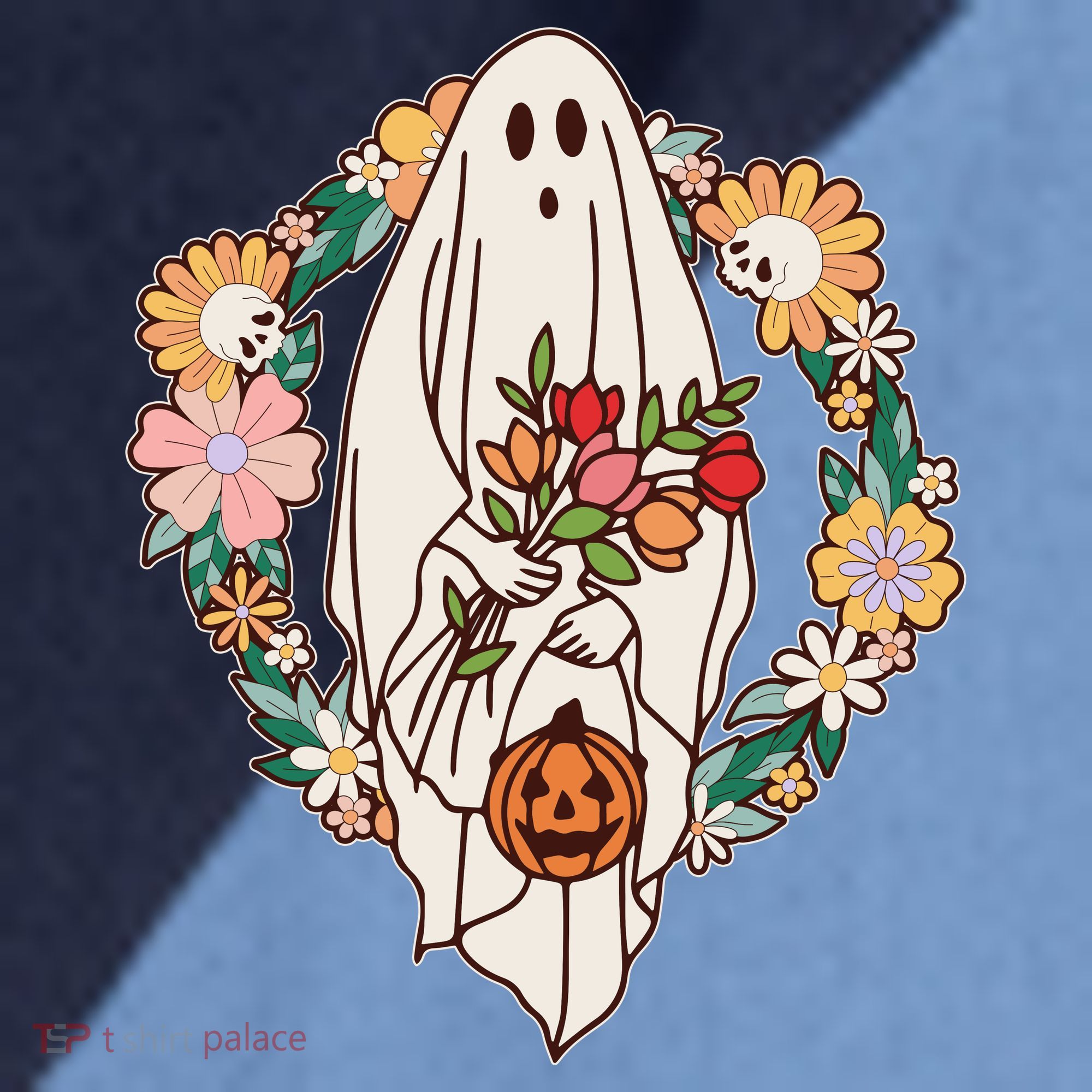 Halloween Creepy Cute Boho Flower Ghost Raglan Baseball Sleeve Shirt