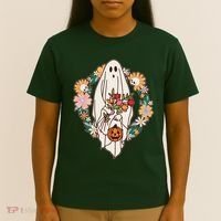 Halloween Creepy Cute Boho Flower Ghost T-Shirt thumb 4