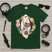 Halloween Creepy Cute Boho Flower Ghost T-Shirt thumb 5