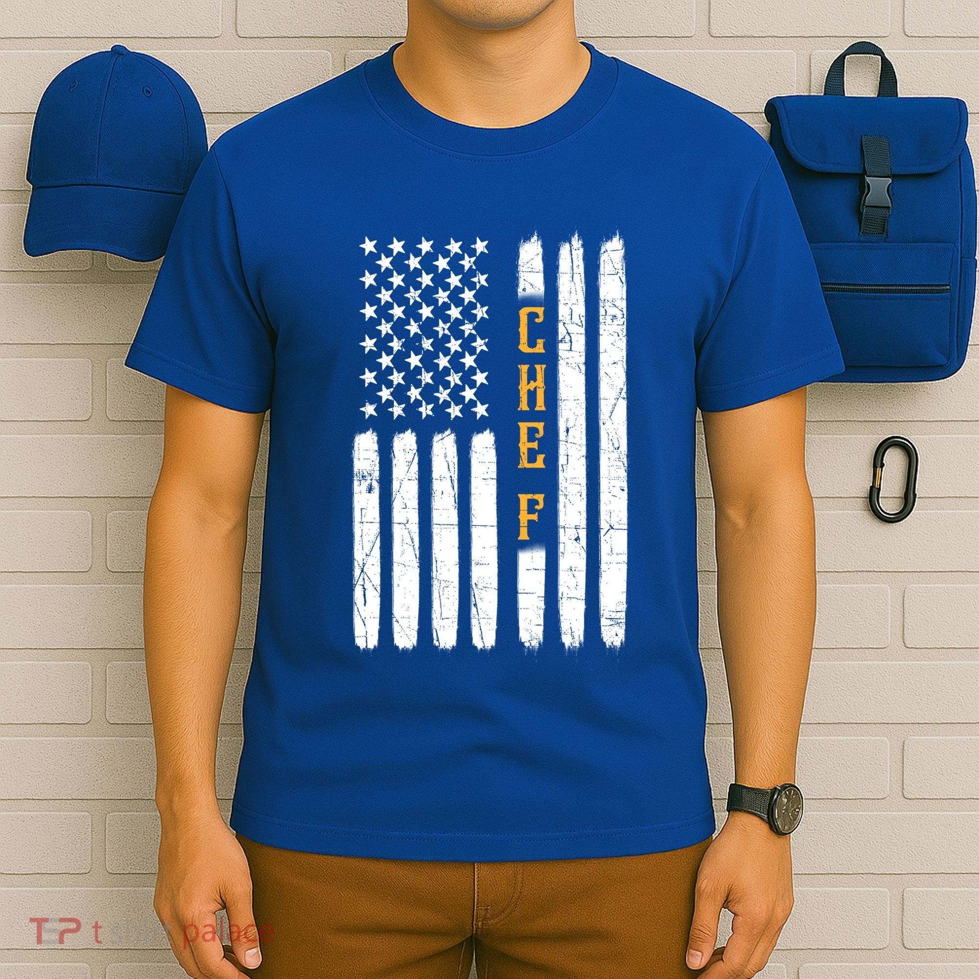 Head Chef Cook Catering Cookery Set Foodie American Flag Usa Gift T-Shirt