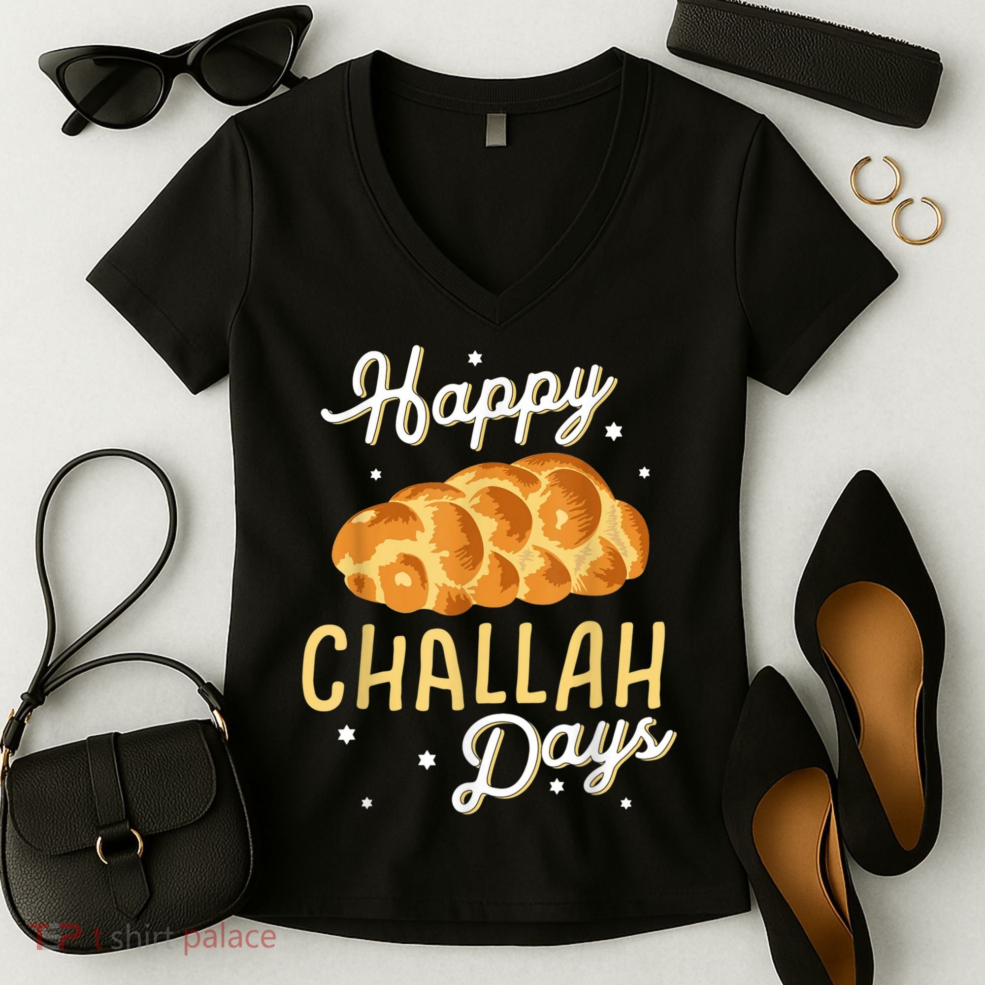 Happy Challah Days Hanukkah Chanukah Funny Jewish Bread Women's V-Neck T-Shirt