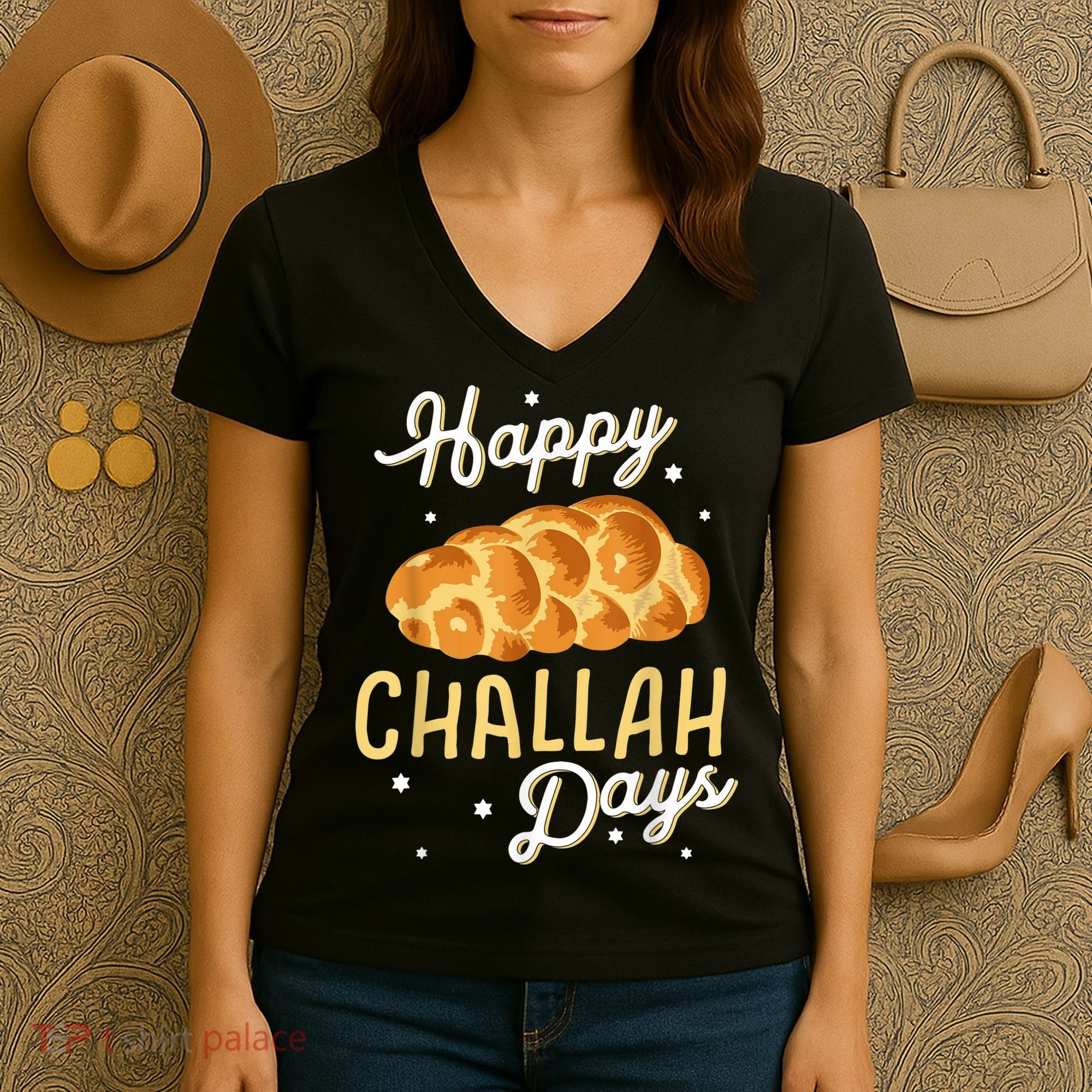Happy Challah Days Hanukkah Chanukah Funny Jewish Bread Women's V-Neck T-Shirt