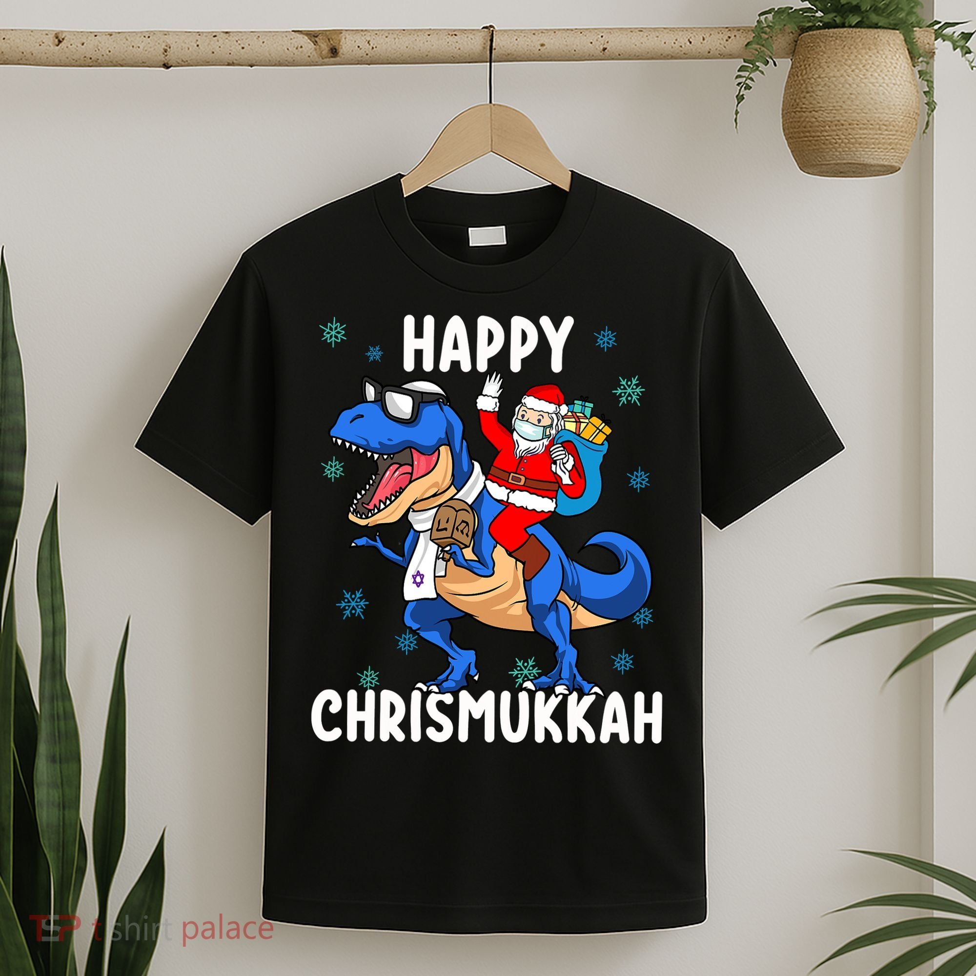 Happy Chrismukkah Funny Hanukkah Christmas Jewish Xmas Santa Dinosaur T-Shirt