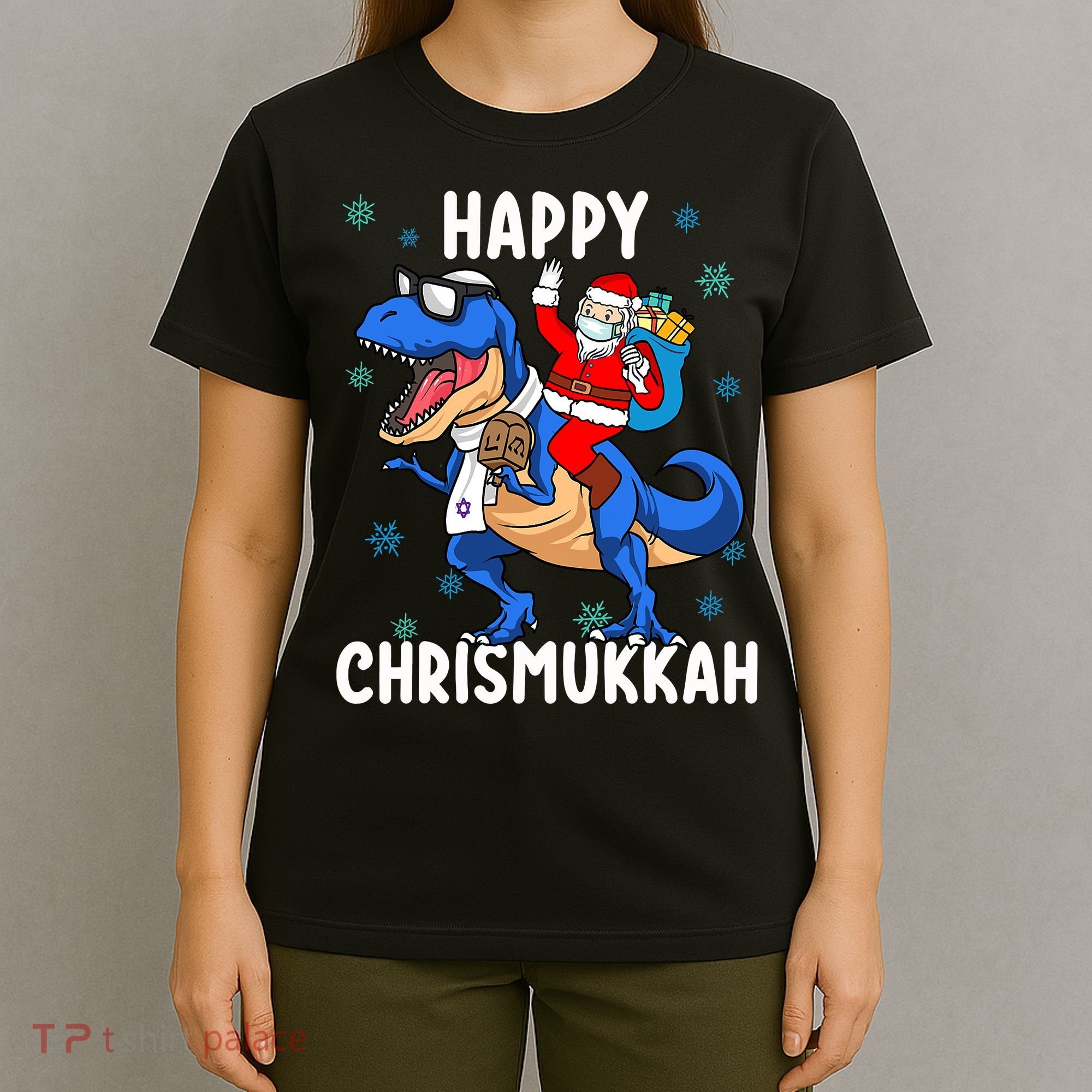 Happy Chrismukkah Funny Hanukkah Christmas Jewish Xmas Santa Dinosaur T-Shirt