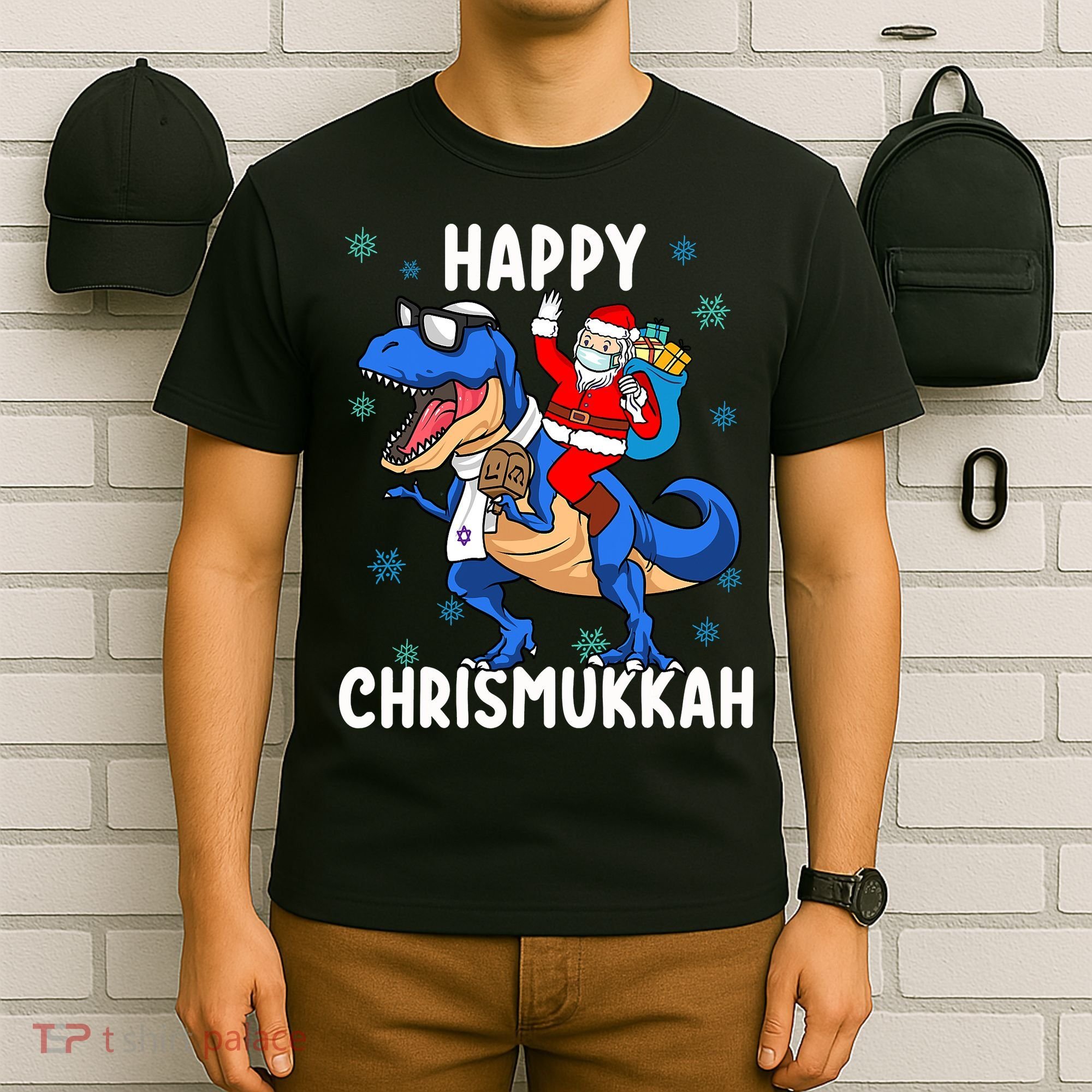 Happy Chrismukkah Funny Hanukkah Christmas Jewish Xmas Santa Dinosaur T-Shirt
