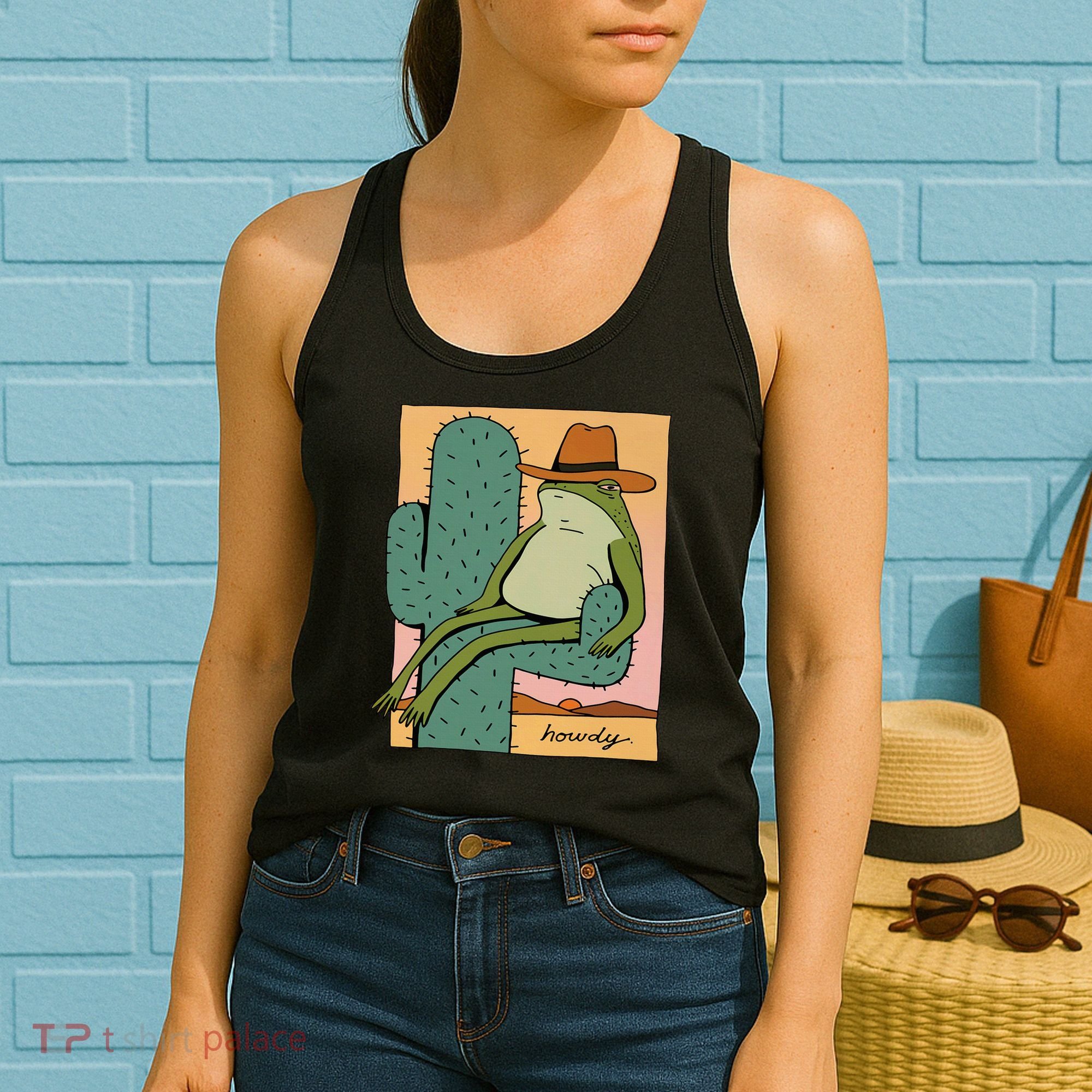 Howdy Cactus Frog Hat Meme Cute Women's Tank Top