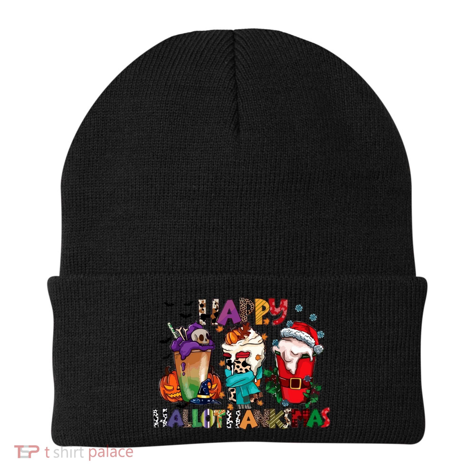 Hallothanksmas Coffee Fall Vibes Cute Halloween Thanksgiving Beanie
