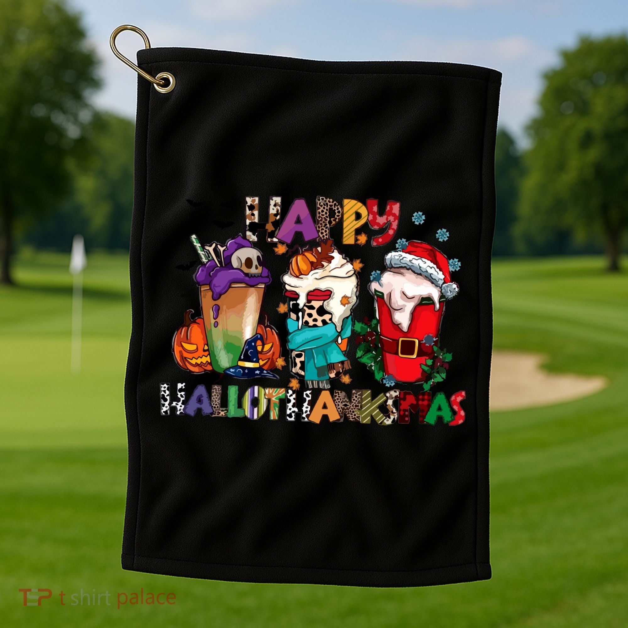 Hallothanksmas Coffee Fall Vibes Cute Halloween Thanksgiving Golf Towel