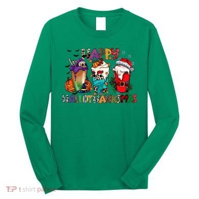 Hallothanksmas Coffee Fall Vibes Cute Halloween Thanksgiving Long Sleeve Shirt