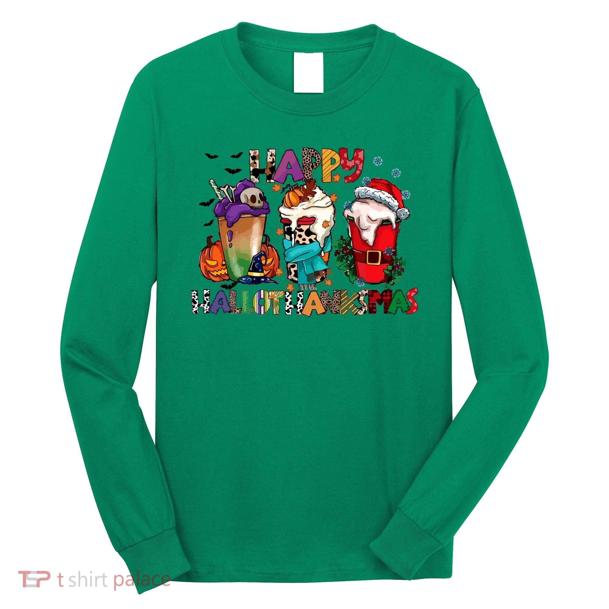 Hallothanksmas Coffee Fall Vibes Cute Halloween Thanksgiving Long Sleeve Shirt