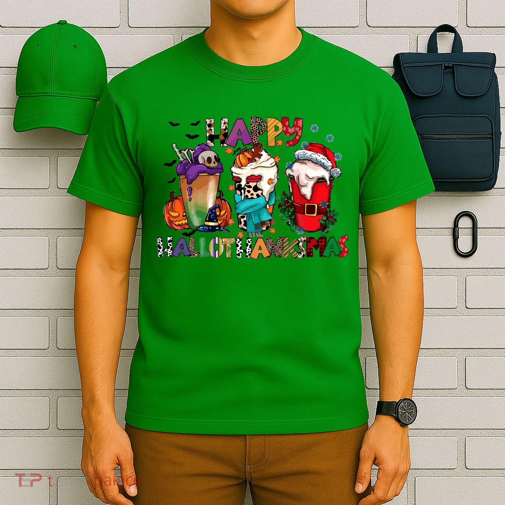 Hallothanksmas Coffee Fall Vibes Cute Halloween Thanksgiving T-Shirt