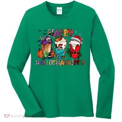 Hallothanksmas Coffee Fall Vibes Cute Halloween Thanksgiving Women's Long Sleeve Shirt