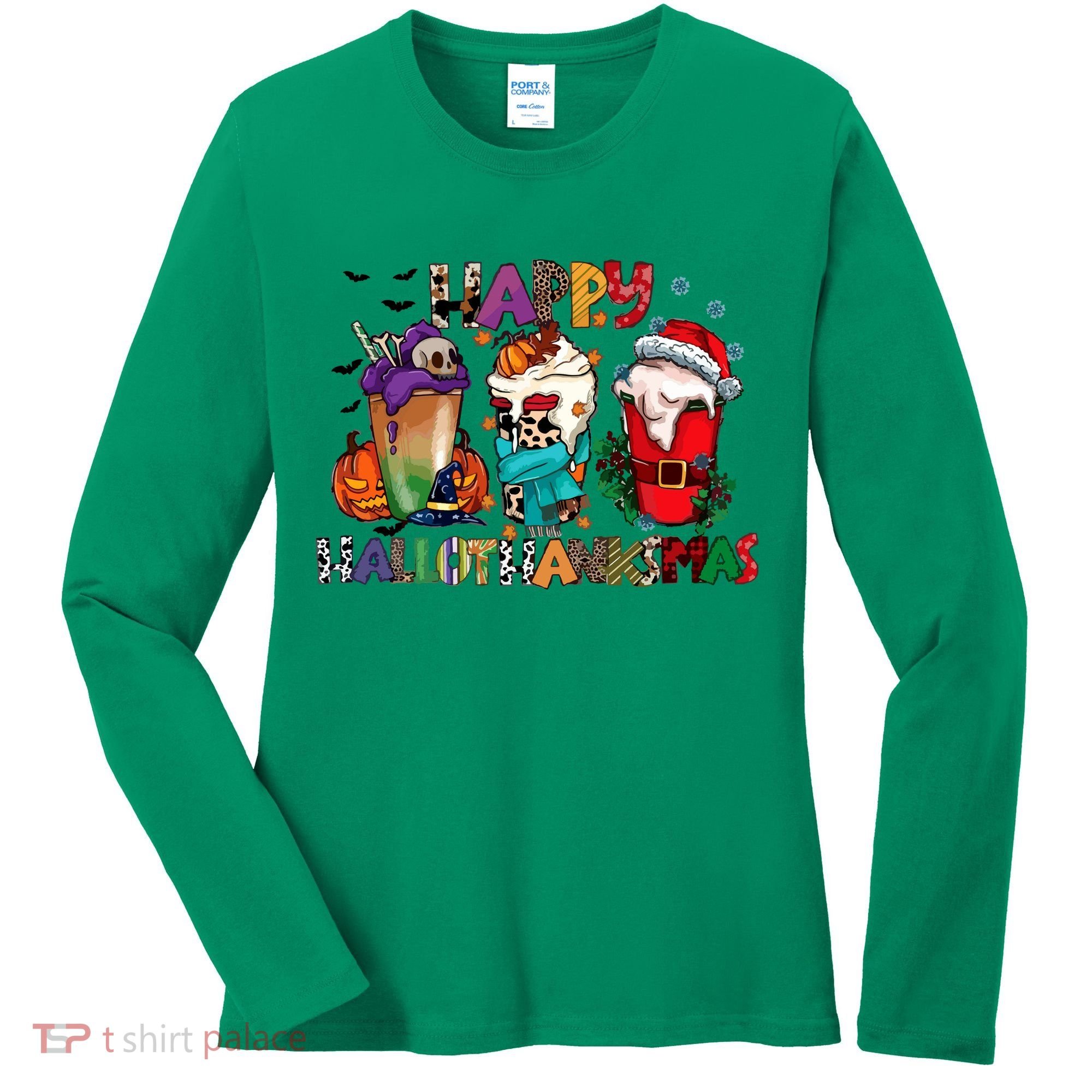 Hallothanksmas Coffee Fall Vibes Cute Halloween Thanksgiving Women's Long Sleeve Shirt