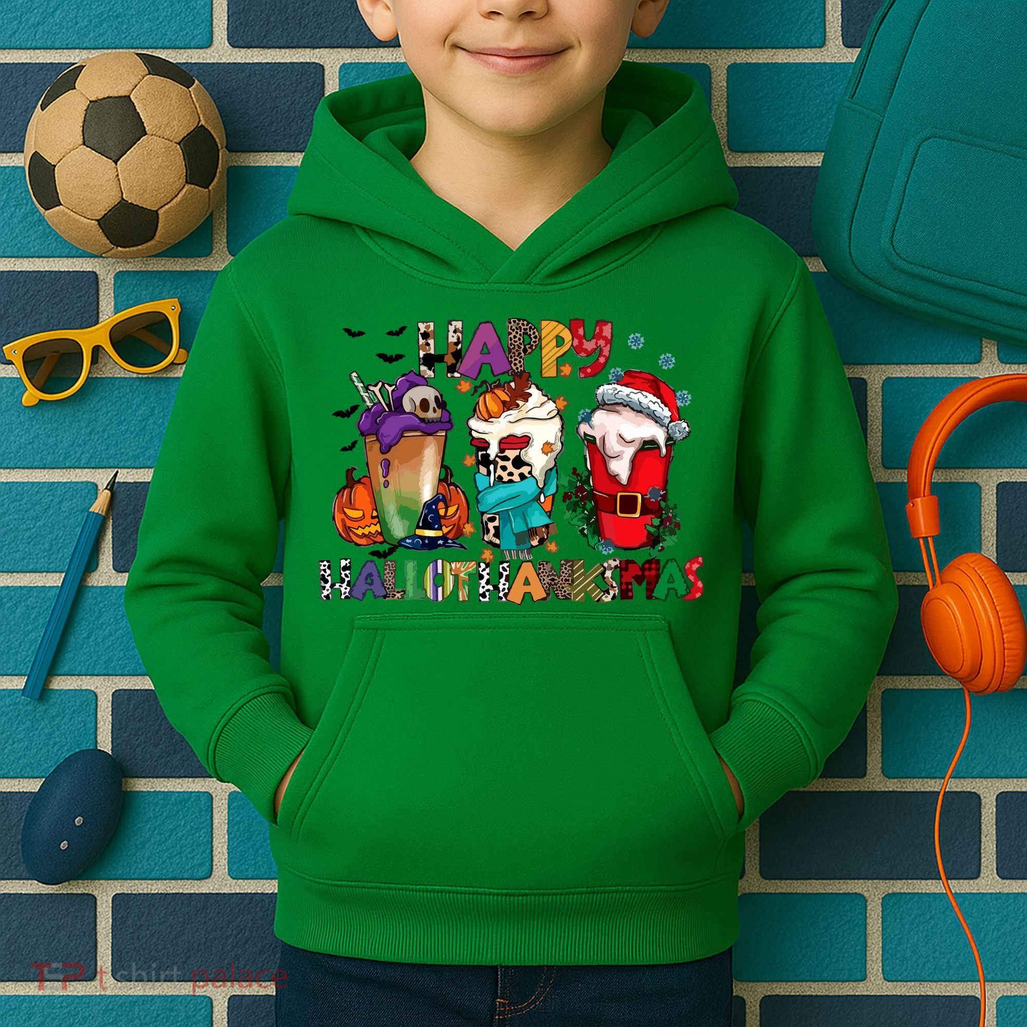 Hallothanksmas Coffee Fall Vibes Cute Halloween Thanksgiving Kids Hoodie