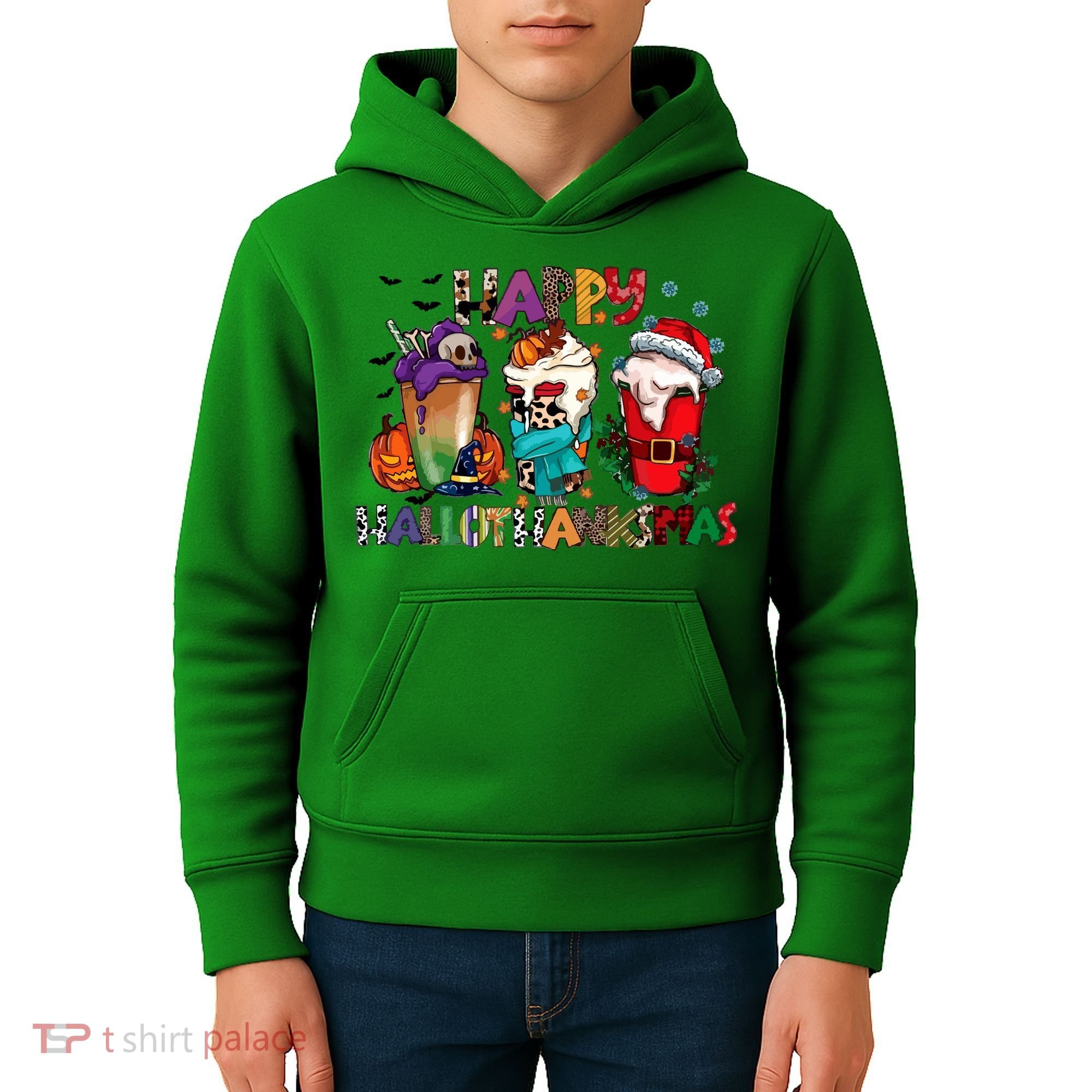 Hallothanksmas Coffee Fall Vibes Cute Halloween Thanksgiving Kids Hoodie