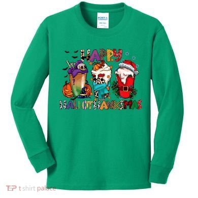 Hallothanksmas Coffee Fall Vibes Cute Halloween Thanksgiving Kids Long Sleeve Shirt