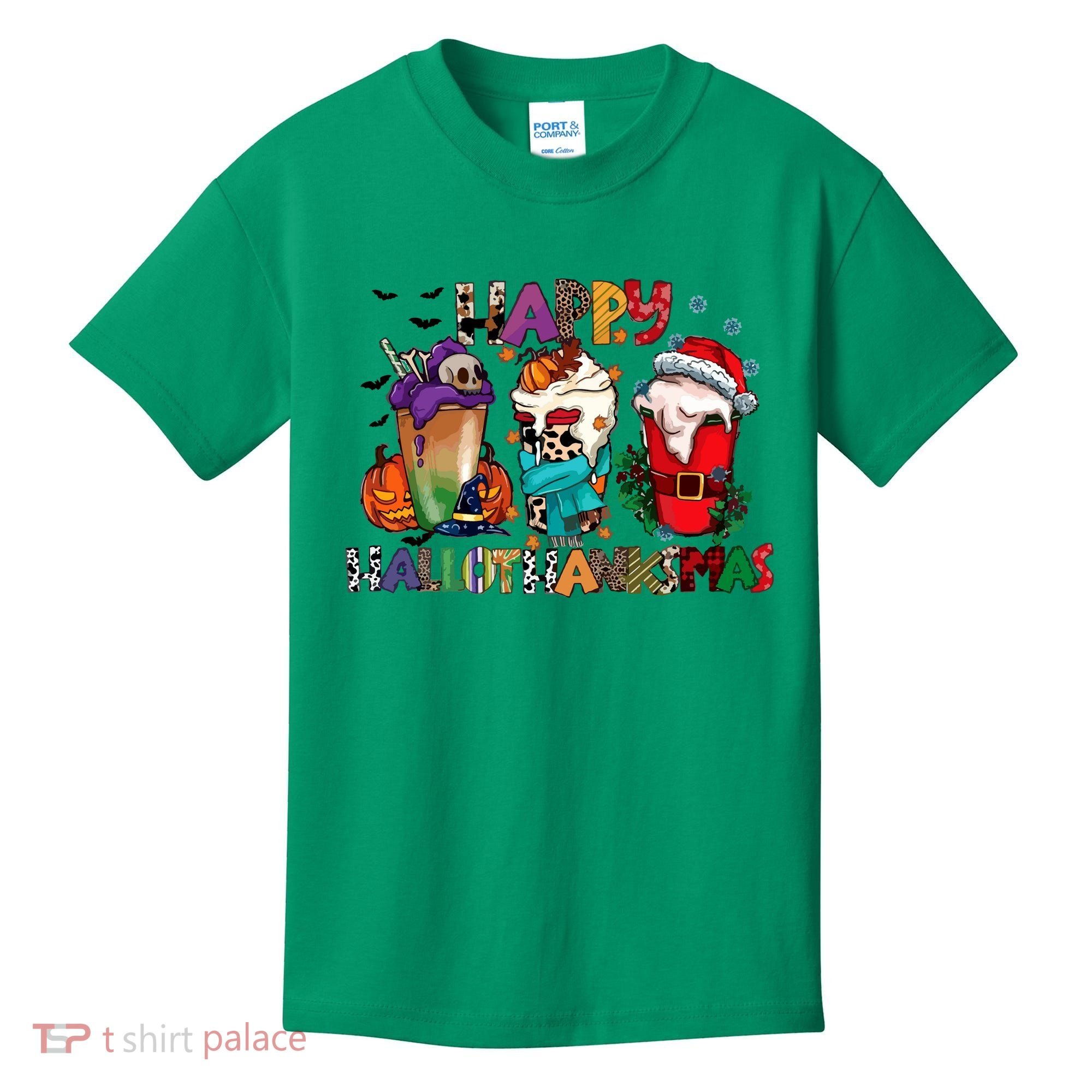 Hallothanksmas Coffee Fall Vibes Cute Halloween Thanksgiving Kids T-Shirt