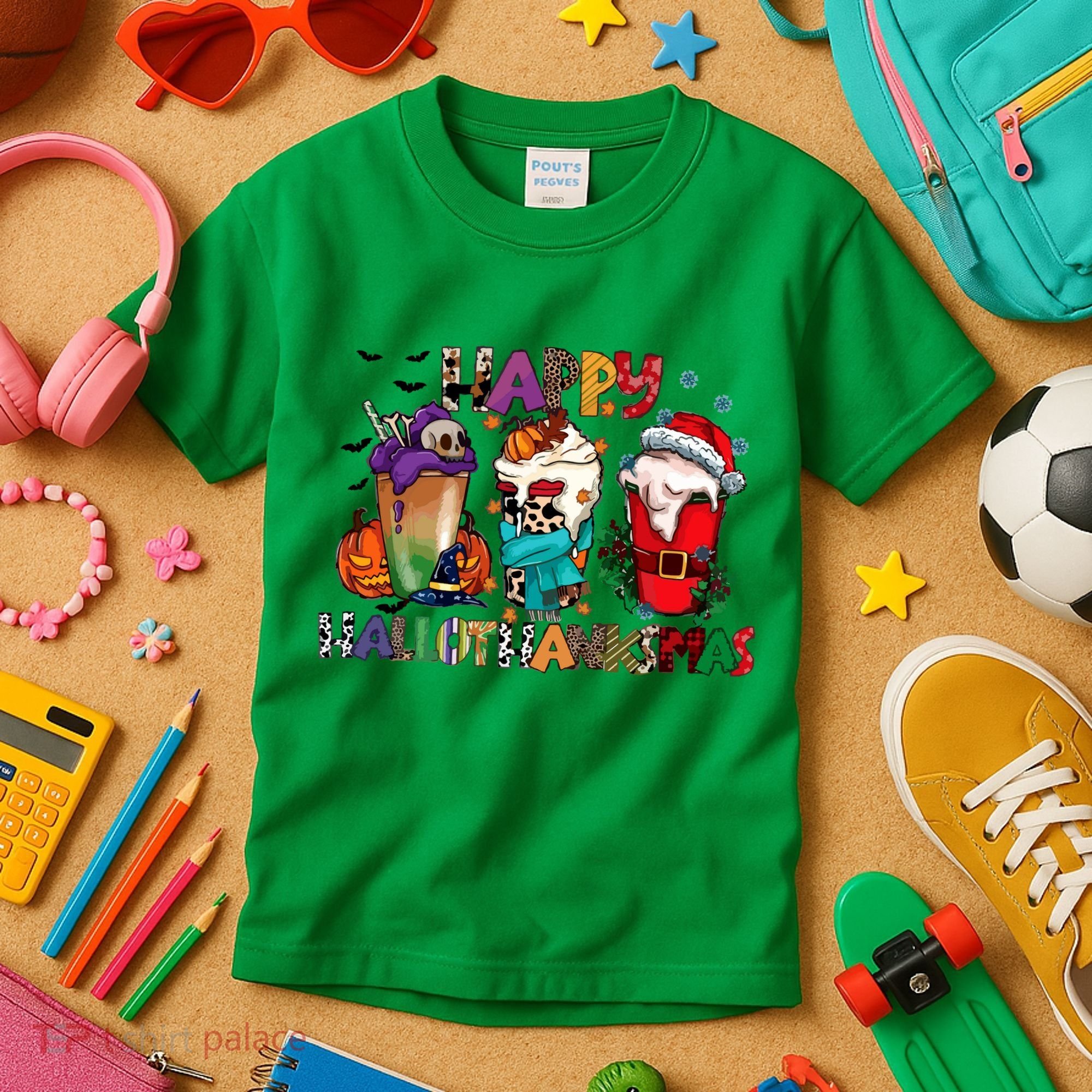 Hallothanksmas Coffee Fall Vibes Cute Halloween Thanksgiving Kids T-Shirt