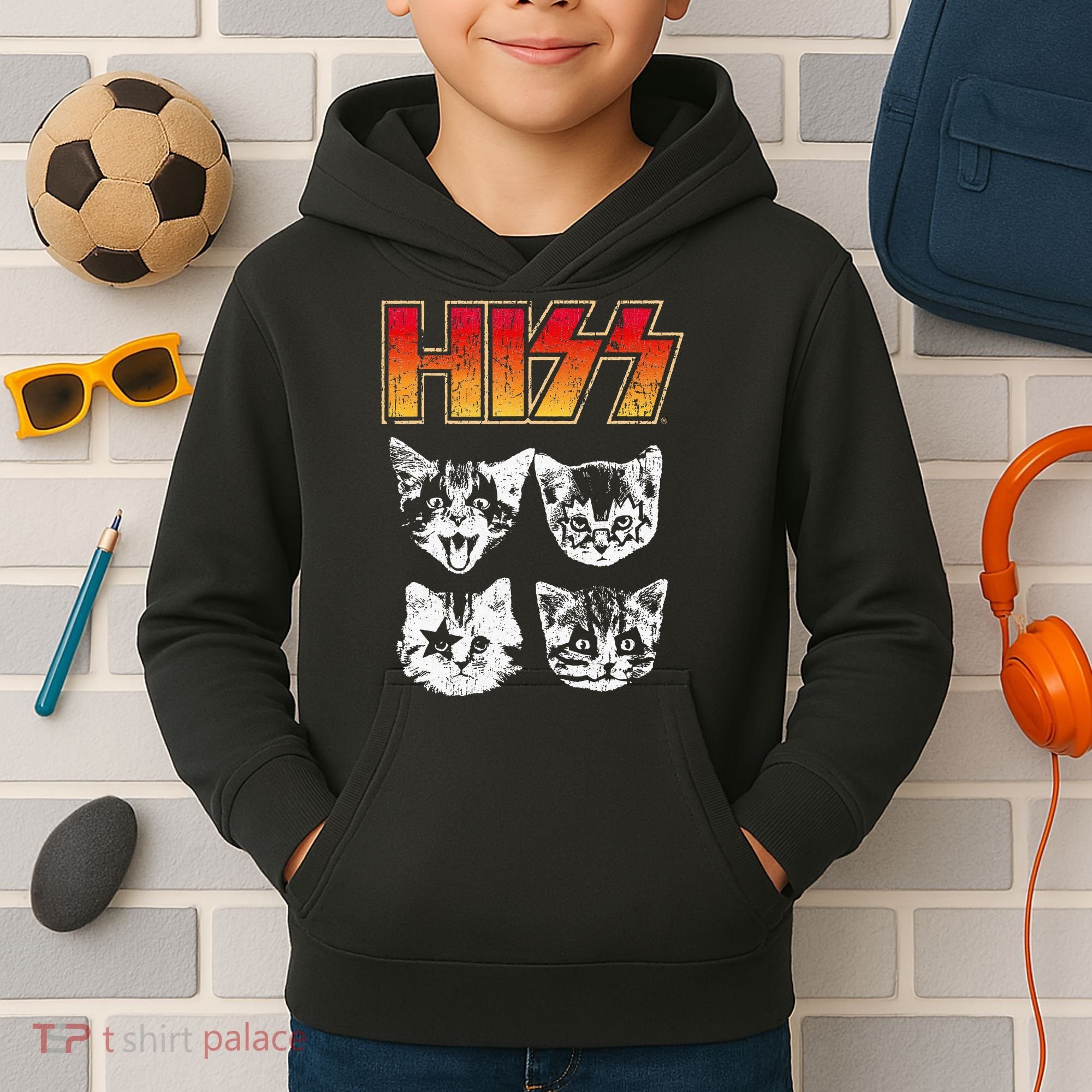 HISS Cat Funny Cats Kittens Rock Music Cat Lover Hiss Kids Hoodie