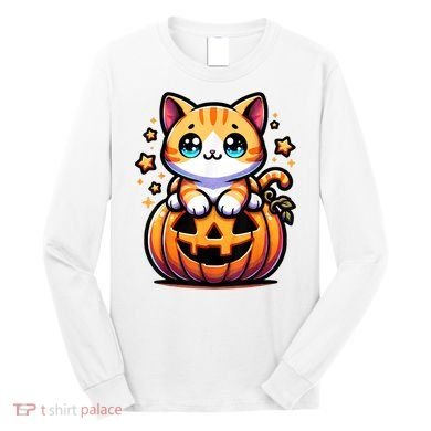 Halloween Cat Funny Fall Pumpkin Cat Lover Cute Long Sleeve Shirt
