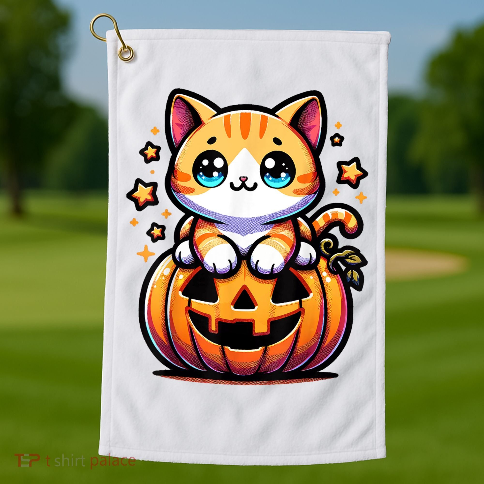 Halloween Cat Funny Fall Pumpkin Cat Lover Cute Golf Towel