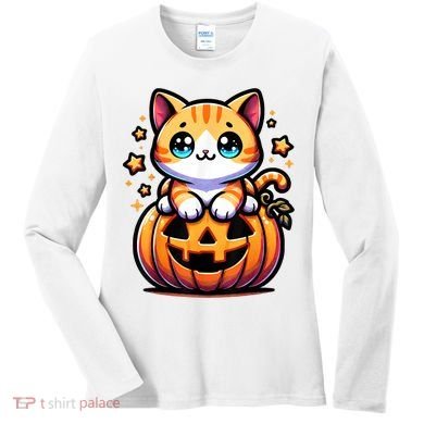 Halloween Cat Funny Fall Pumpkin Cat Lover Cute Women's Long Sleeve Shirt