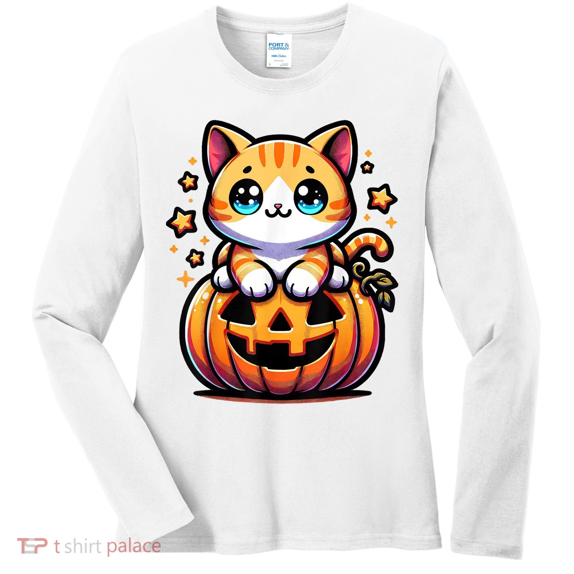 Halloween Cat Funny Fall Pumpkin Cat Lover Cute Women's Long Sleeve Shirt