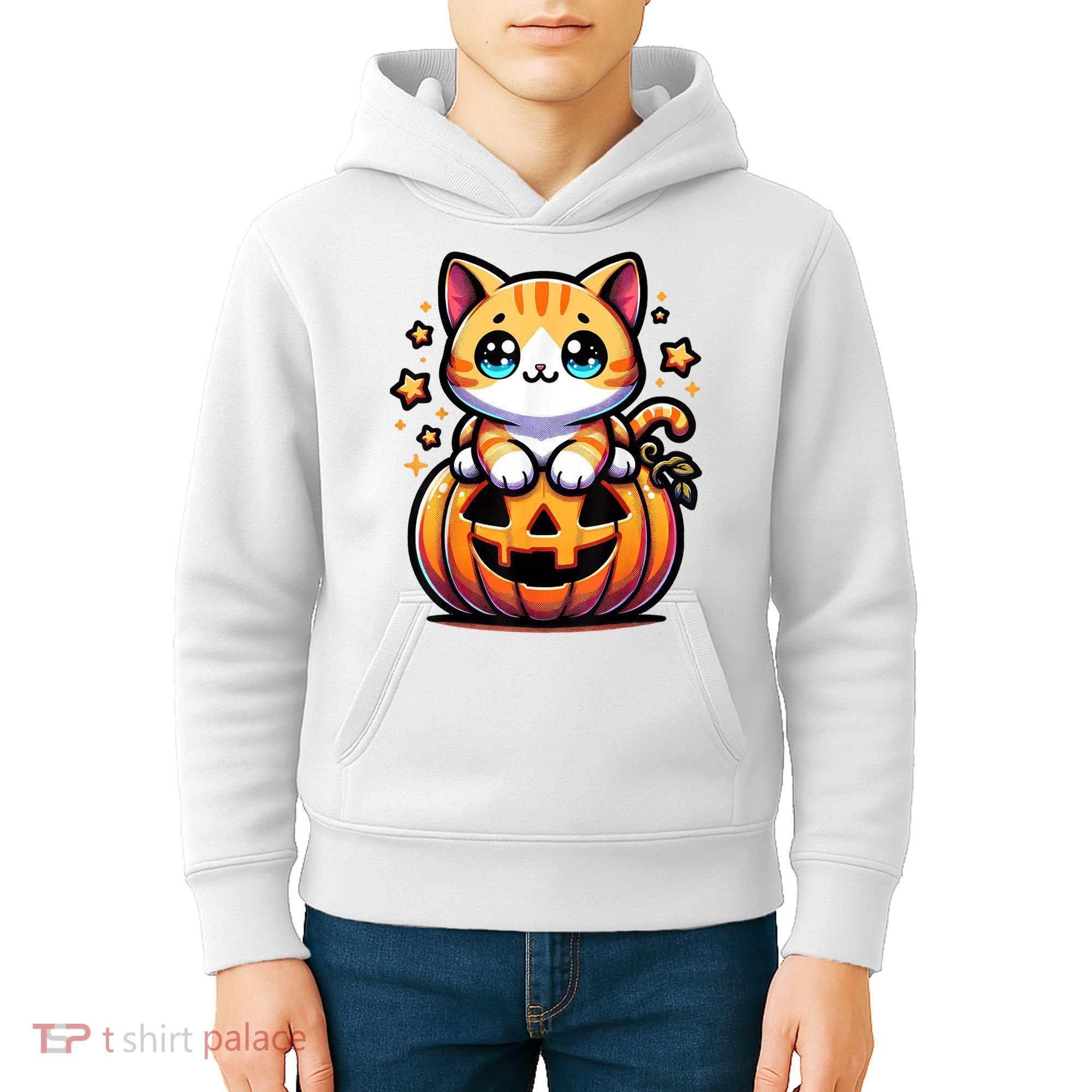 Halloween Cat Funny Fall Pumpkin Cat Lover Cute Kids Hoodie