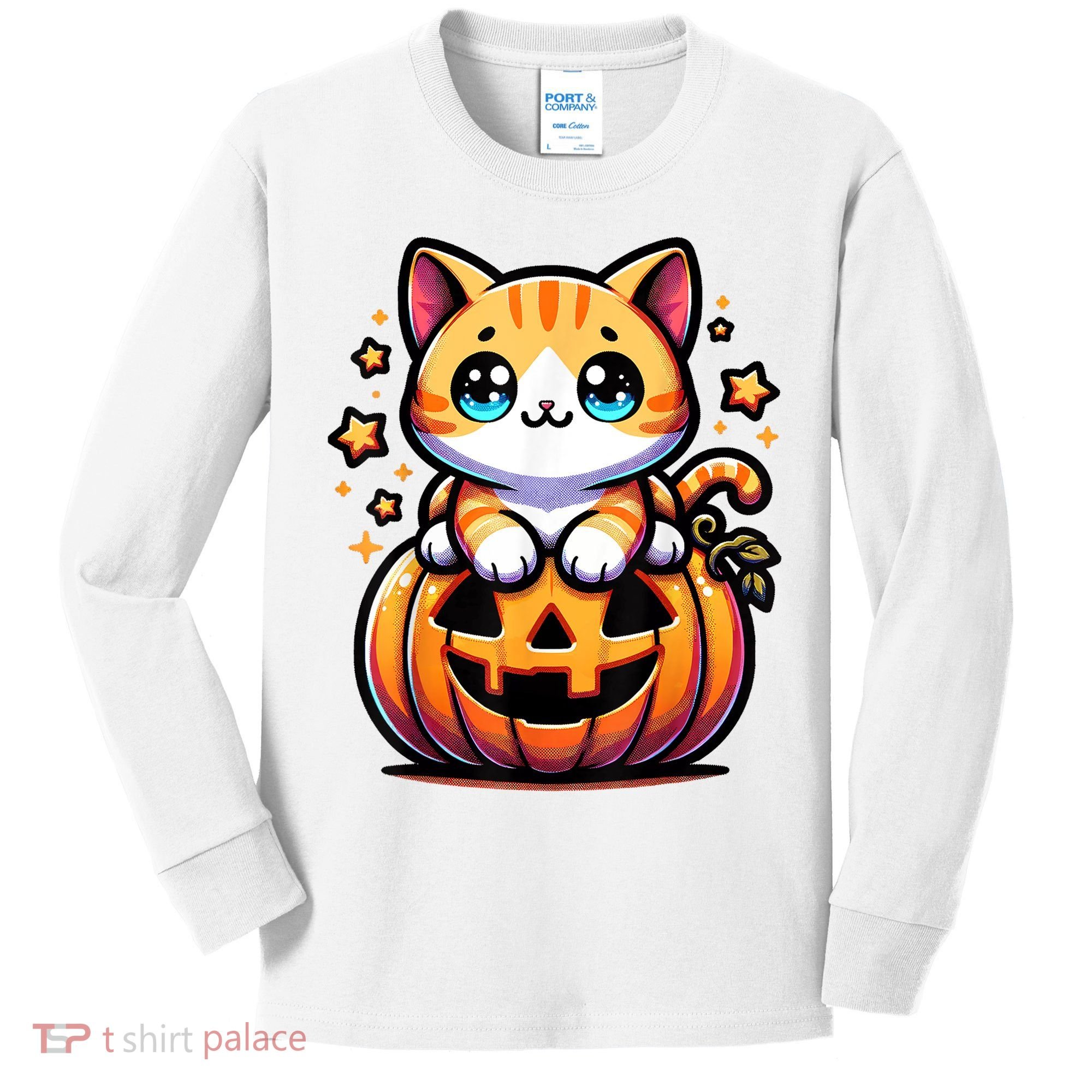Halloween Cat Funny Fall Pumpkin Cat Lover Cute Kids Long Sleeve Shirt