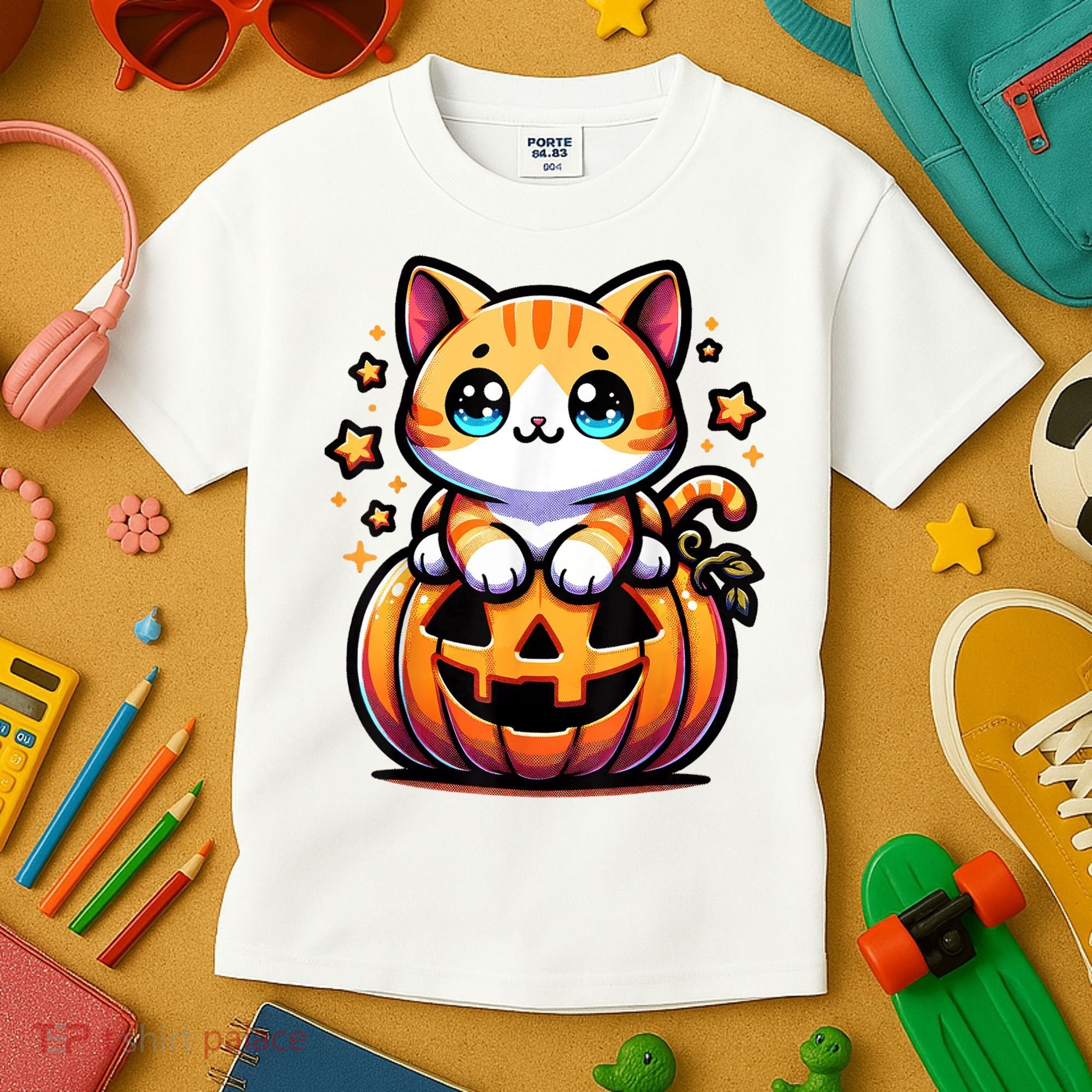 Halloween Cat Funny Fall Pumpkin Cat Lover Cute Kids T-Shirt