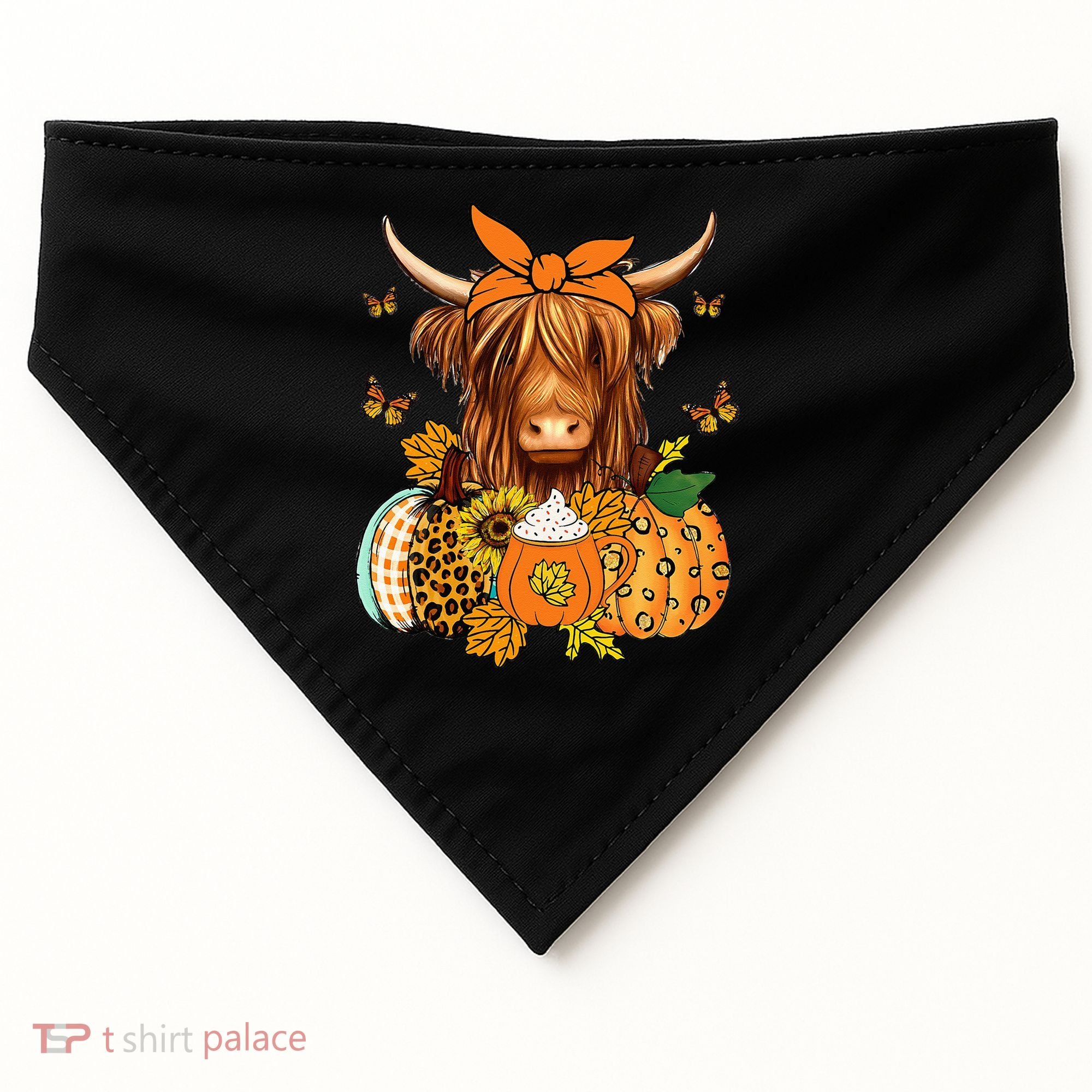 Highland Cow Fall And Leaves Pumpkins Autumn Thanksgiving USA-Made Doggie Bandana