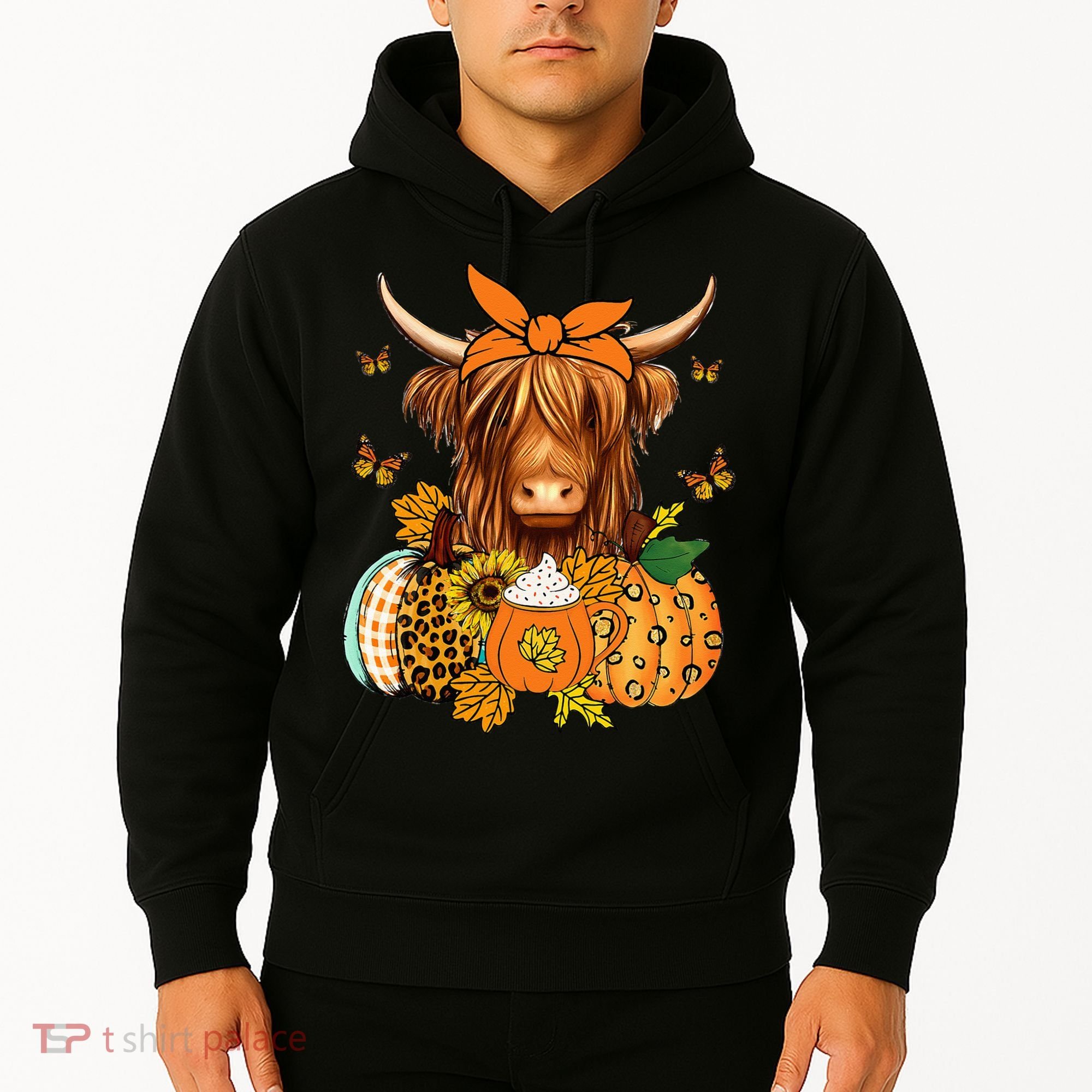 Highland Cow Fall And Leaves Pumpkins Autumn Thanksgiving Hoodie