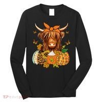 Highland Cow Fall And Leaves Pumpkins Autumn Thanksgiving Long Sleeve Shirt thumb 0