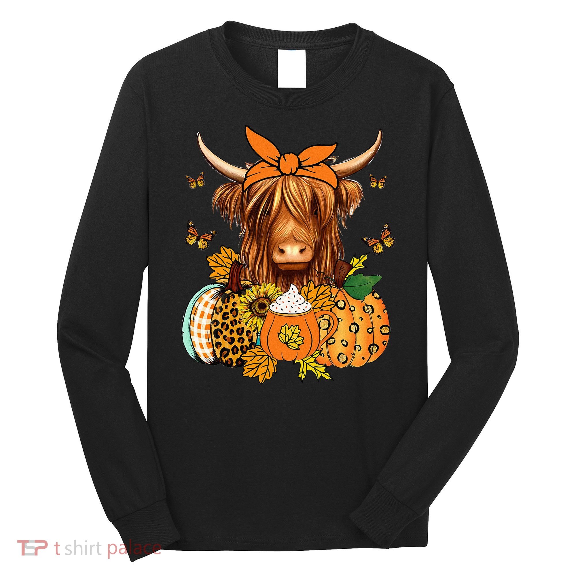 Highland Cow Fall And Leaves Pumpkins Autumn Thanksgiving Long Sleeve Shirt