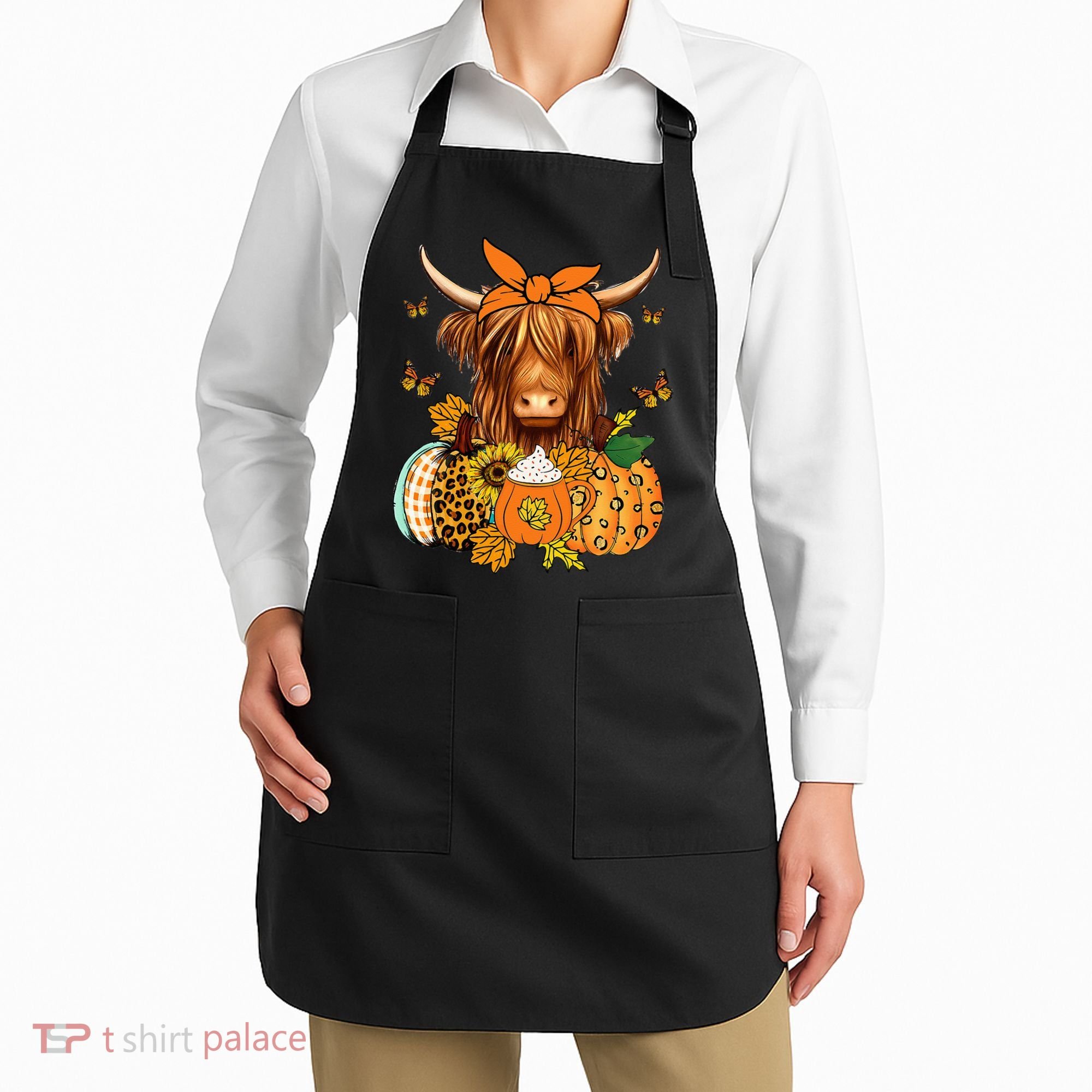 Highland Cow Fall And Leaves Pumpkins Autumn Thanksgiving Apron
