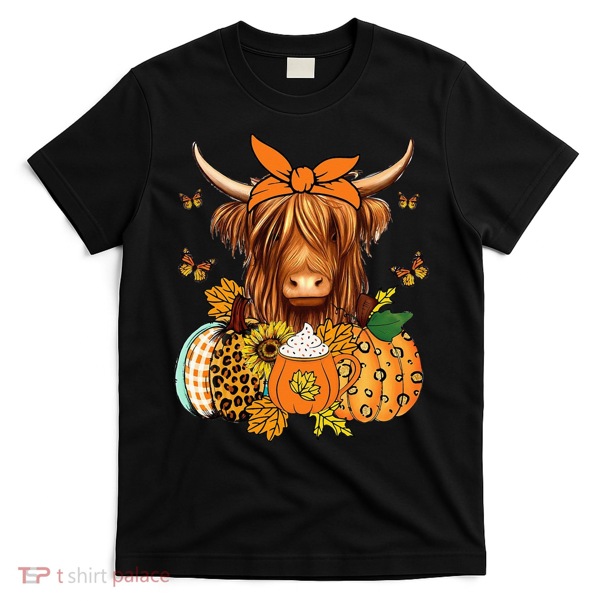 Highland Cow Fall And Leaves Pumpkins Autumn Thanksgiving T-Shirt