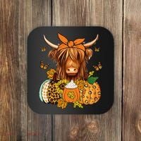 Highland Cow Fall And Leaves Pumpkins Autumn Thanksgiving Coaster thumb 0