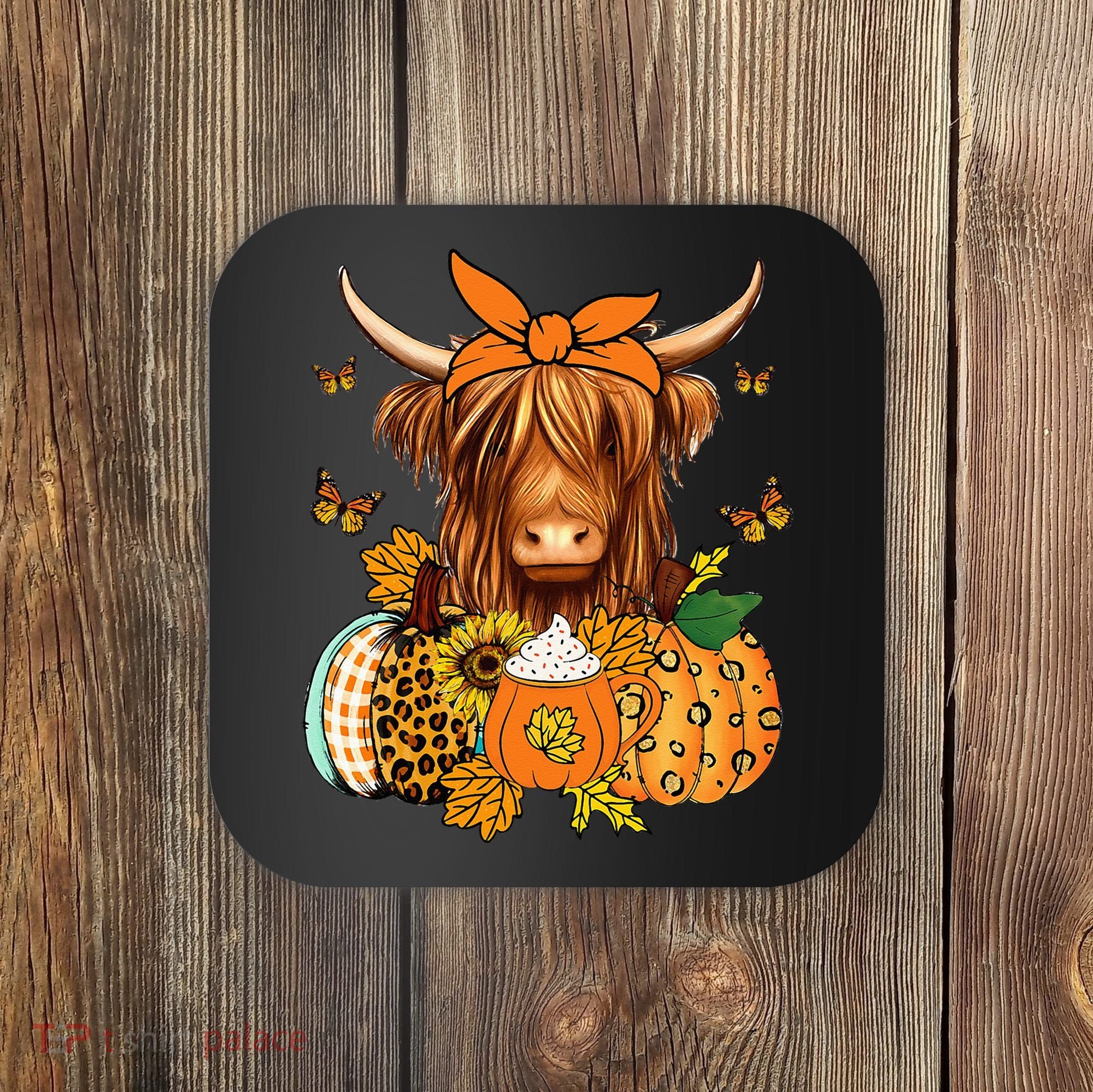 Highland Cow Fall And Leaves Pumpkins Autumn Thanksgiving Coaster
