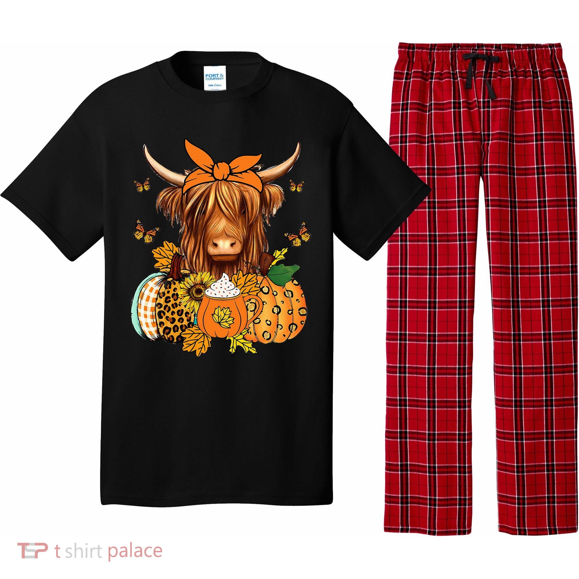 Highland Cow Fall And Leaves Pumpkins Autumn Thanksgiving Pajama Set